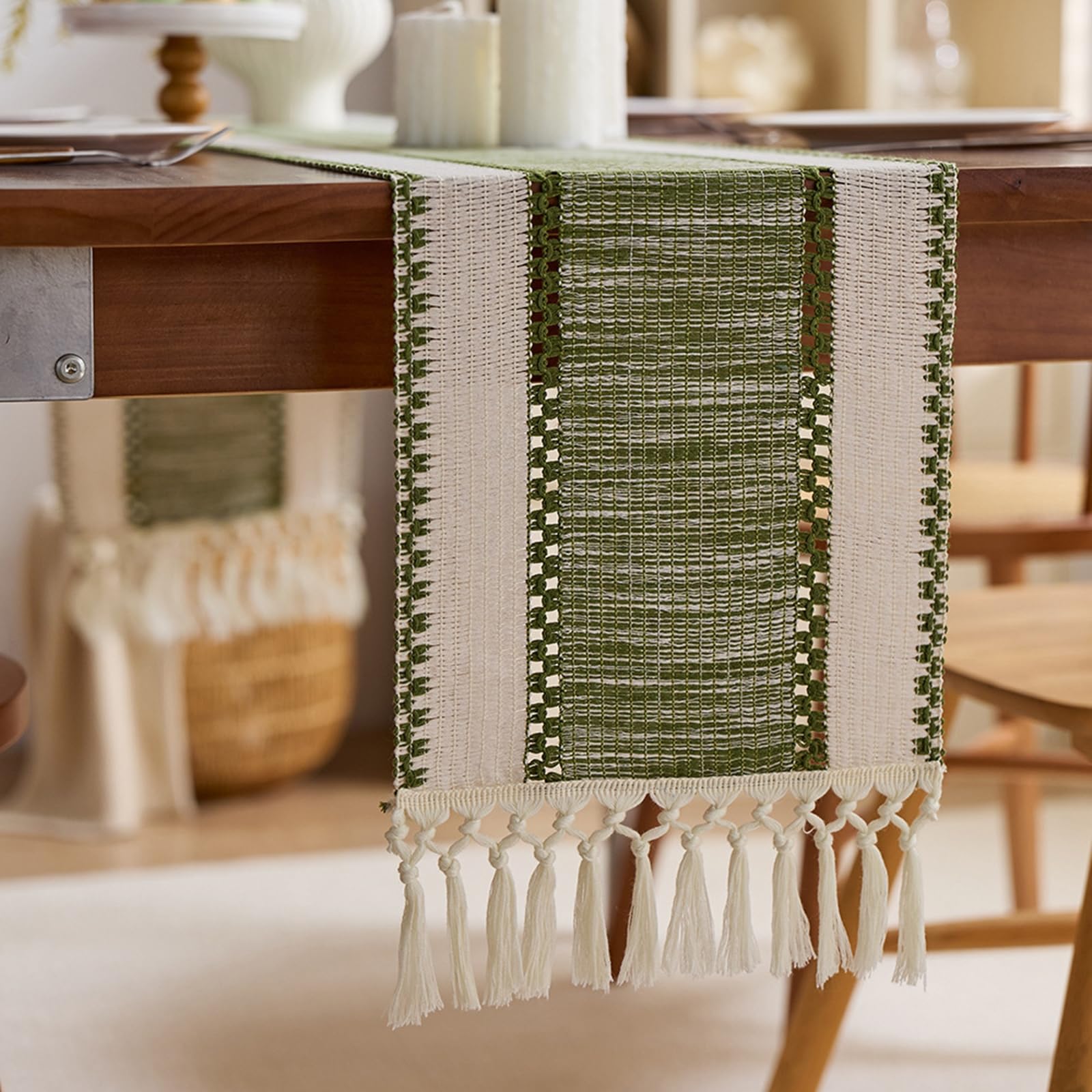Grün Tischläufer Baumwolle, Makramee Boho Tischläufer Deko Abwaschbar Tischband Gewebter Breit Gestreift Muster mit Quasten Tischdecke für Küche Esszimmer Dekor, 30x300 cm, Grün