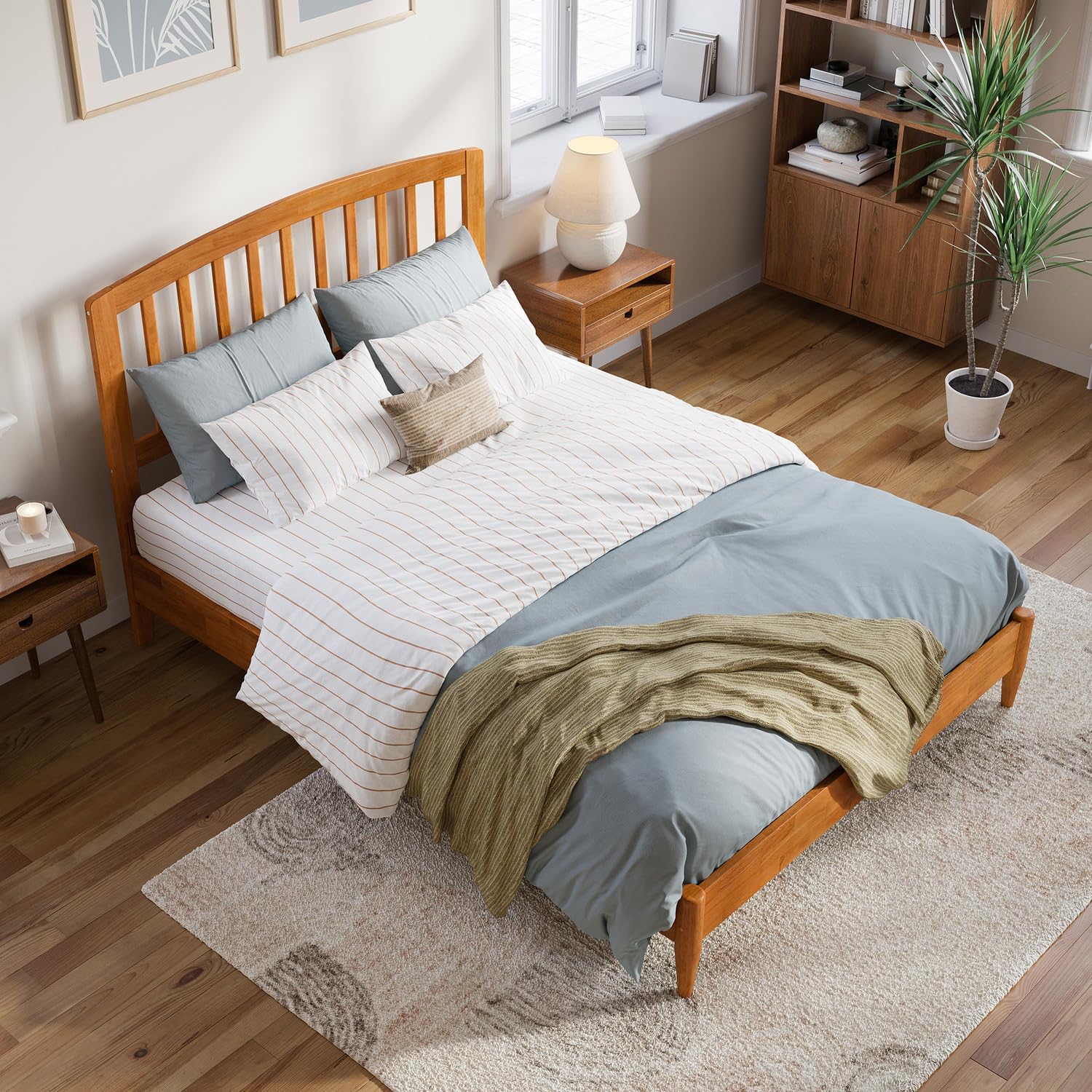 HomeStock Full Solid Wood Low Profile Platform Bed in Light Toffee