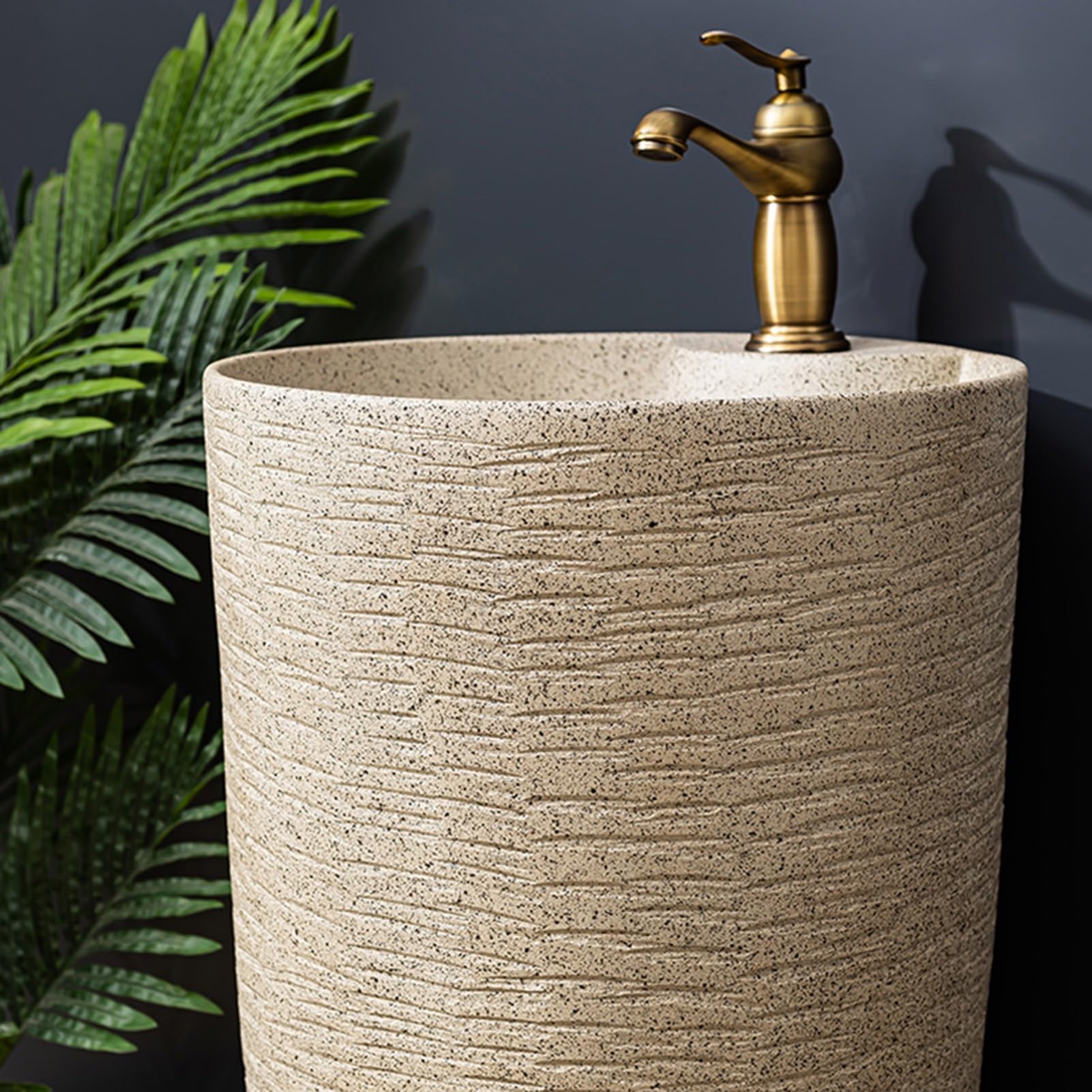 Lavabo de pie lavabo de pedestal de cerámica para baño, lavabo de columna tallado a mano, lavabo artístico de estilo industrial, con mangueras frías y calientes, lavabo para tocador