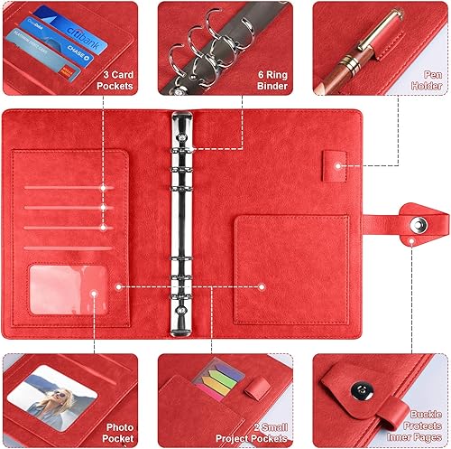 Miniatura 3 de Diario de carpeta A5, organizador de 6 anillos recargable, cuaderno de escritura de negocios de cuero, cuaderno de tapa dura a rayas con página