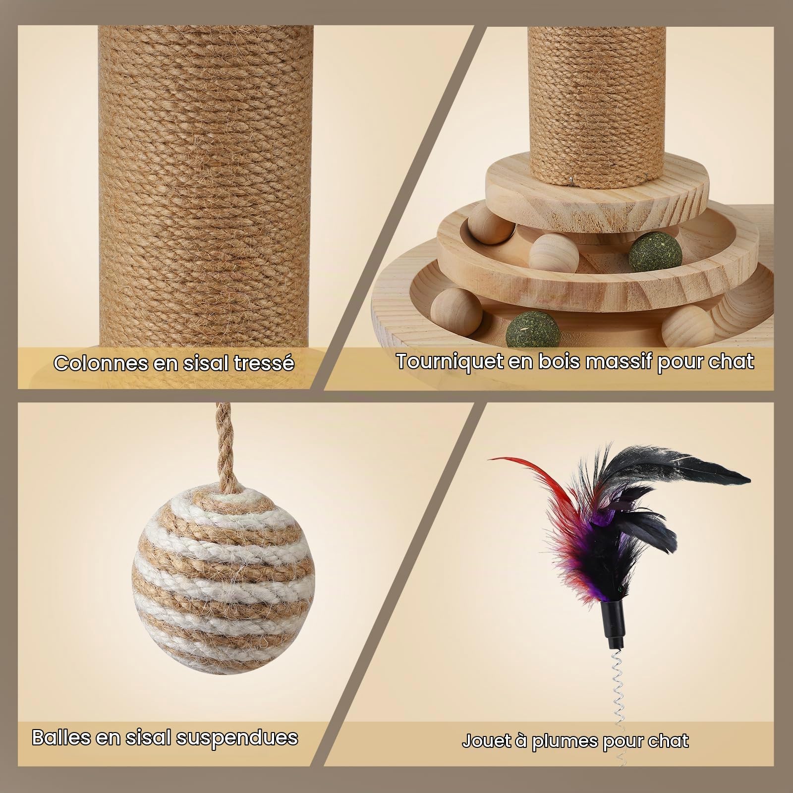 Jouet Interactif Pour Chat 6-en-1 Avec Boule Rotative, Plumes, Sisal Et Jute Arbre à Chat, Griffoir Et Jouets Pour Petits Et Moyens Chats, Meuble à Griffer, Jouet En Bois Griffoir Cylindre Avec Plumes