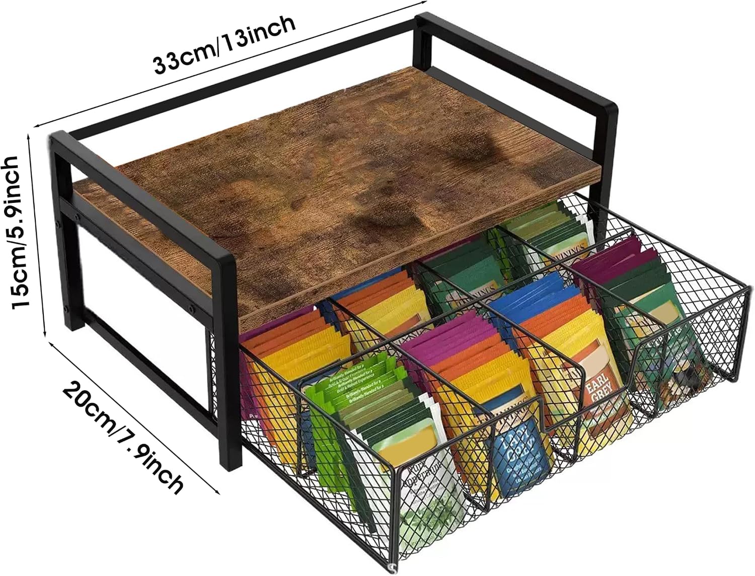 Coffee Station Organizer, 2-Tier Tea Bag Storage with Pull-Out Drawer, Kitchen Countertop for Pods & Tea Bags - Tiger Wood & Black