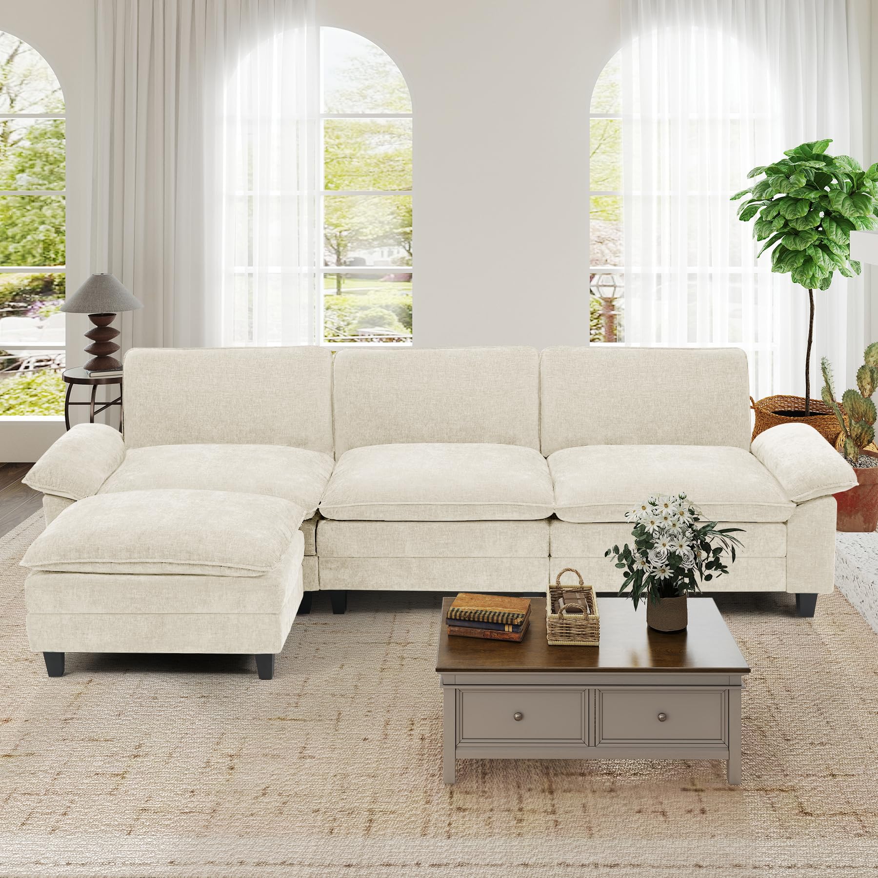 118" Modular Sectional Sofa,Comfy Cloud Couch Sectional Sofa with Ottoman,L Shaped 4-Seat Corduroy Sleeper Deep Seat Sofas for Living Room,Bedroom and Apartment,Beige