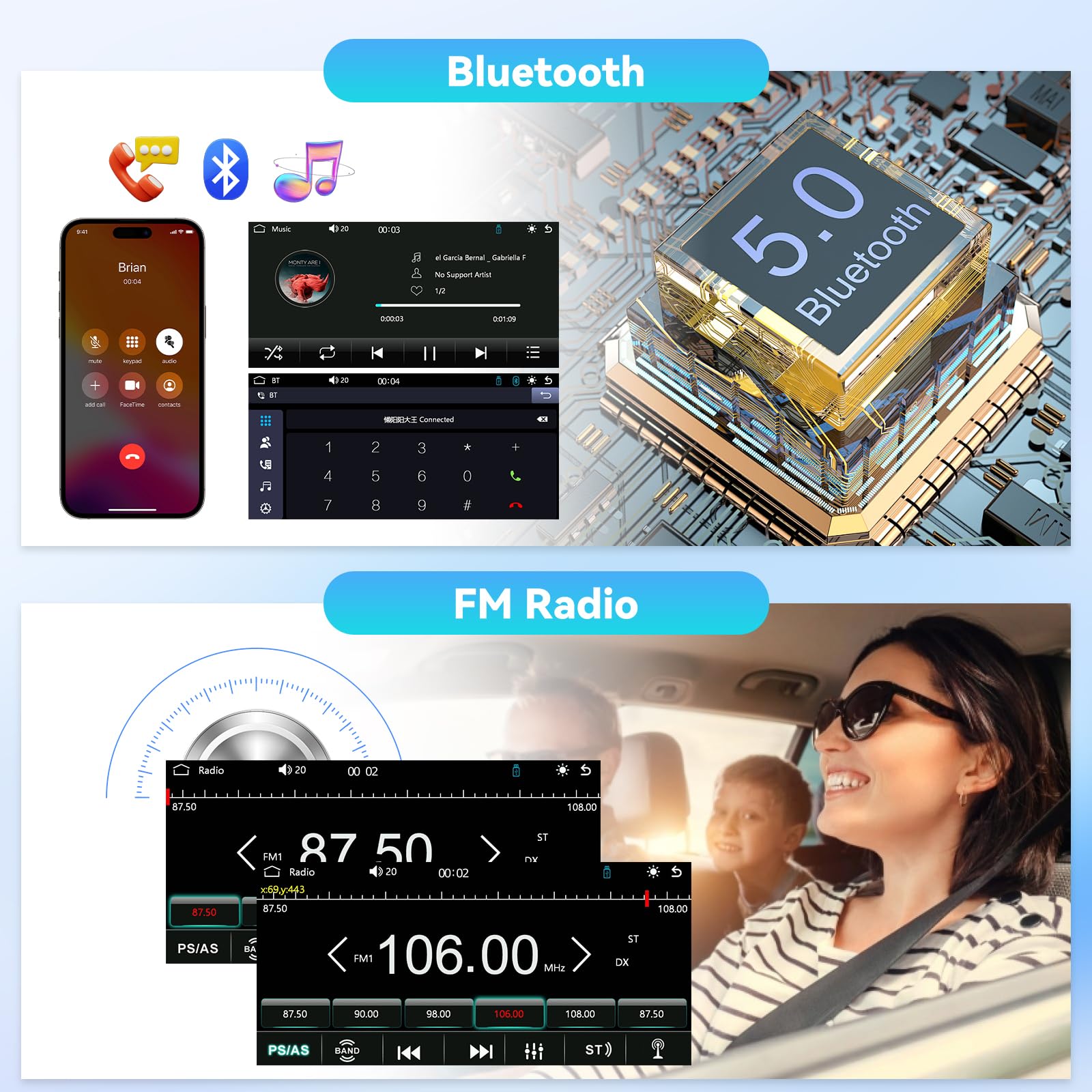NHOPEEW Autoradio 1 DIN Avec CarPlay et Android Auto Sans Fil, Radio FM, commandes au Volant, Prise en Charge de la caméra de recul, Double Port USB + Type-C à chargement Rapide