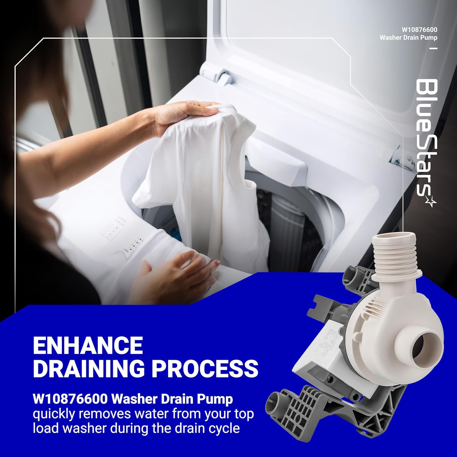 BlueStars W10876600 W10727777 Washer Drain Pump - Compatible with Whirlpool, Maytag Bravos XL MVWB835DW1, Kenmore, Crosley Washing Machines - Replaces W10876600VP, B25-3A04, AP6004933, PS11738156