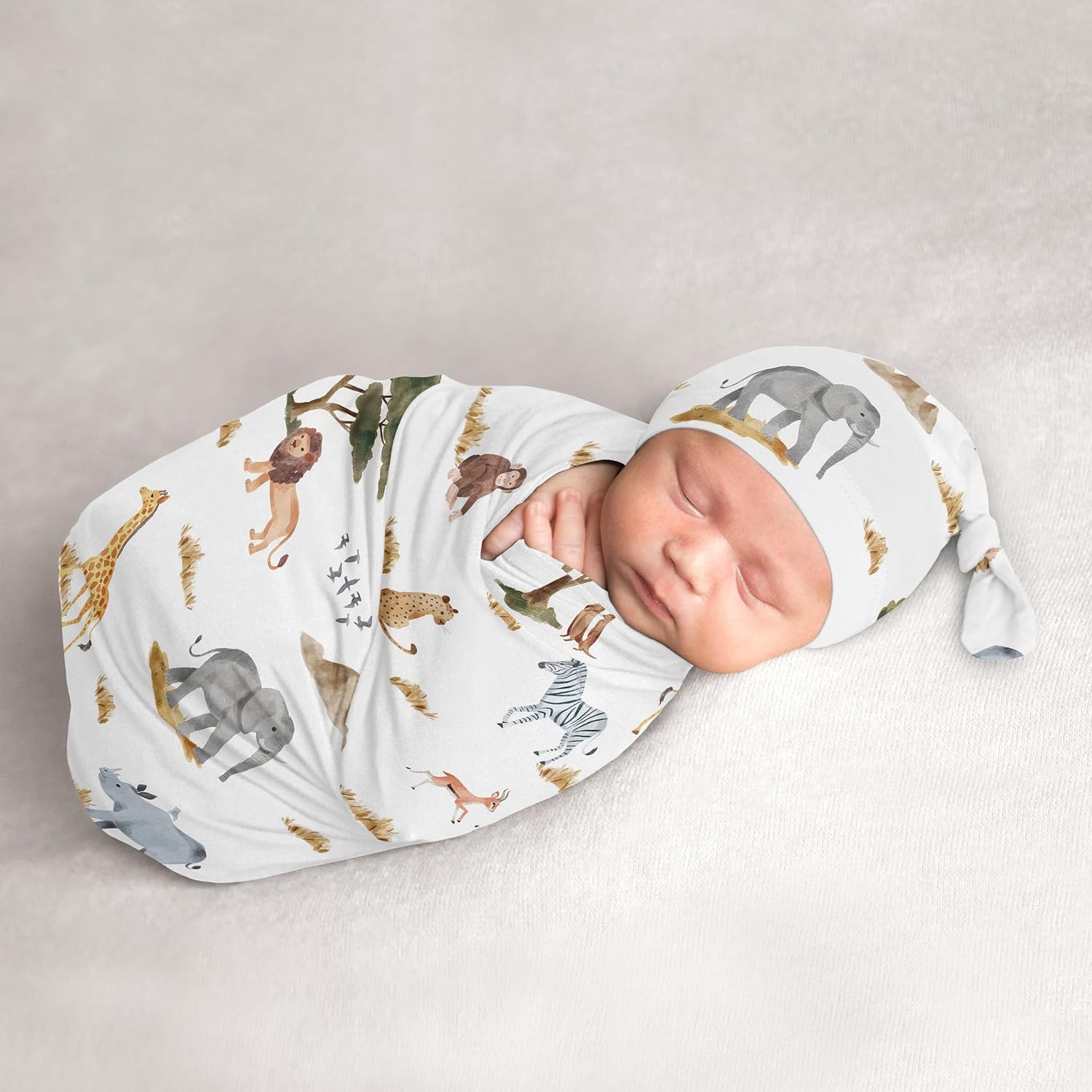 Sweet Jojo Designs Jungle Animals Boy Girl Gender Neutral Unisex Baby Cocoon Swaddle and Beanie Newborn Jersey Set Infant Wearable Blanket Going Home Outfit Set Green Boho Safari Elephant Giraffe