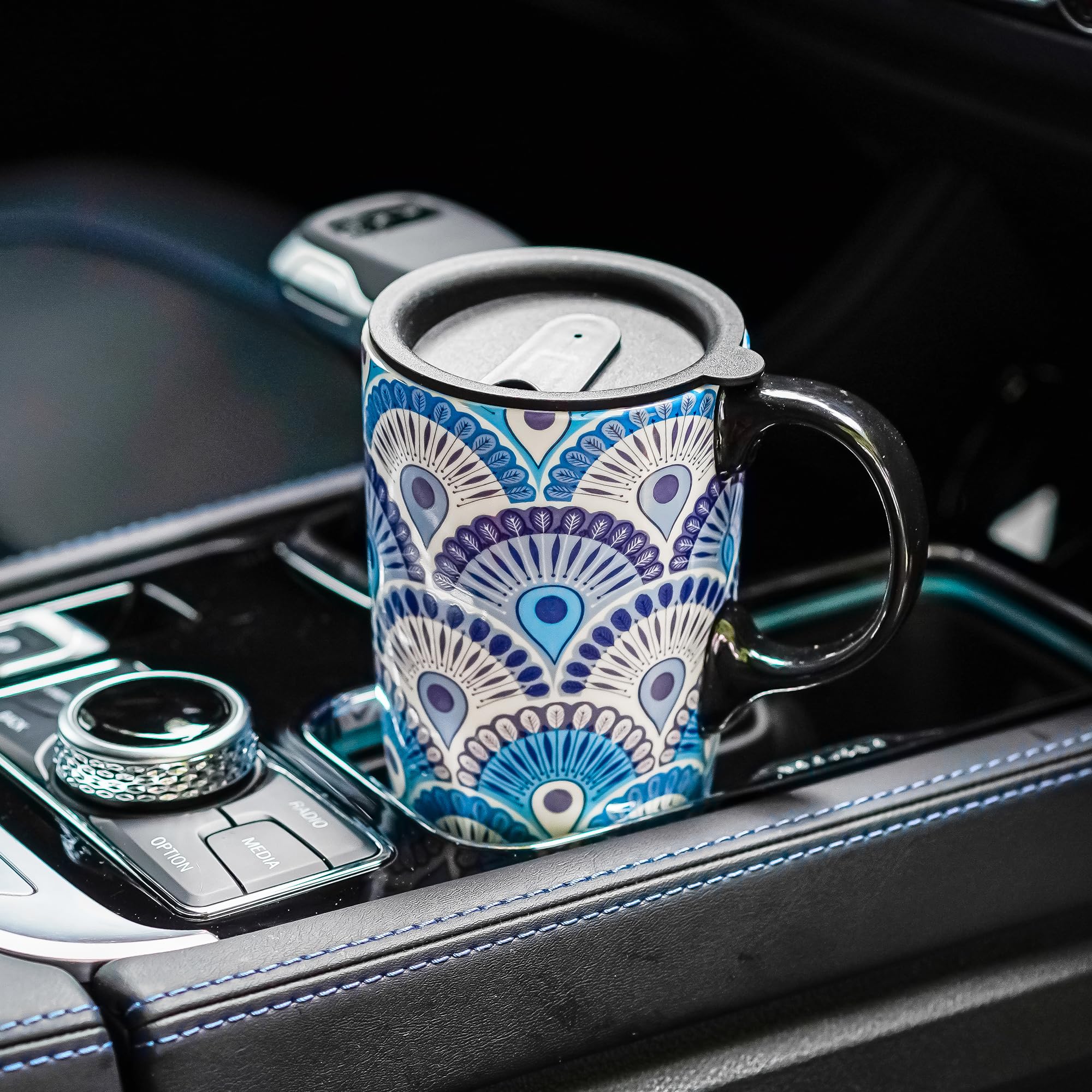 DUSVALLY 17oz Peacock Travel Mug, Spill-Proof Ceramic Coffee Cup with Secure Lid, Ideal for Office Commute & Daily Use - Image 4