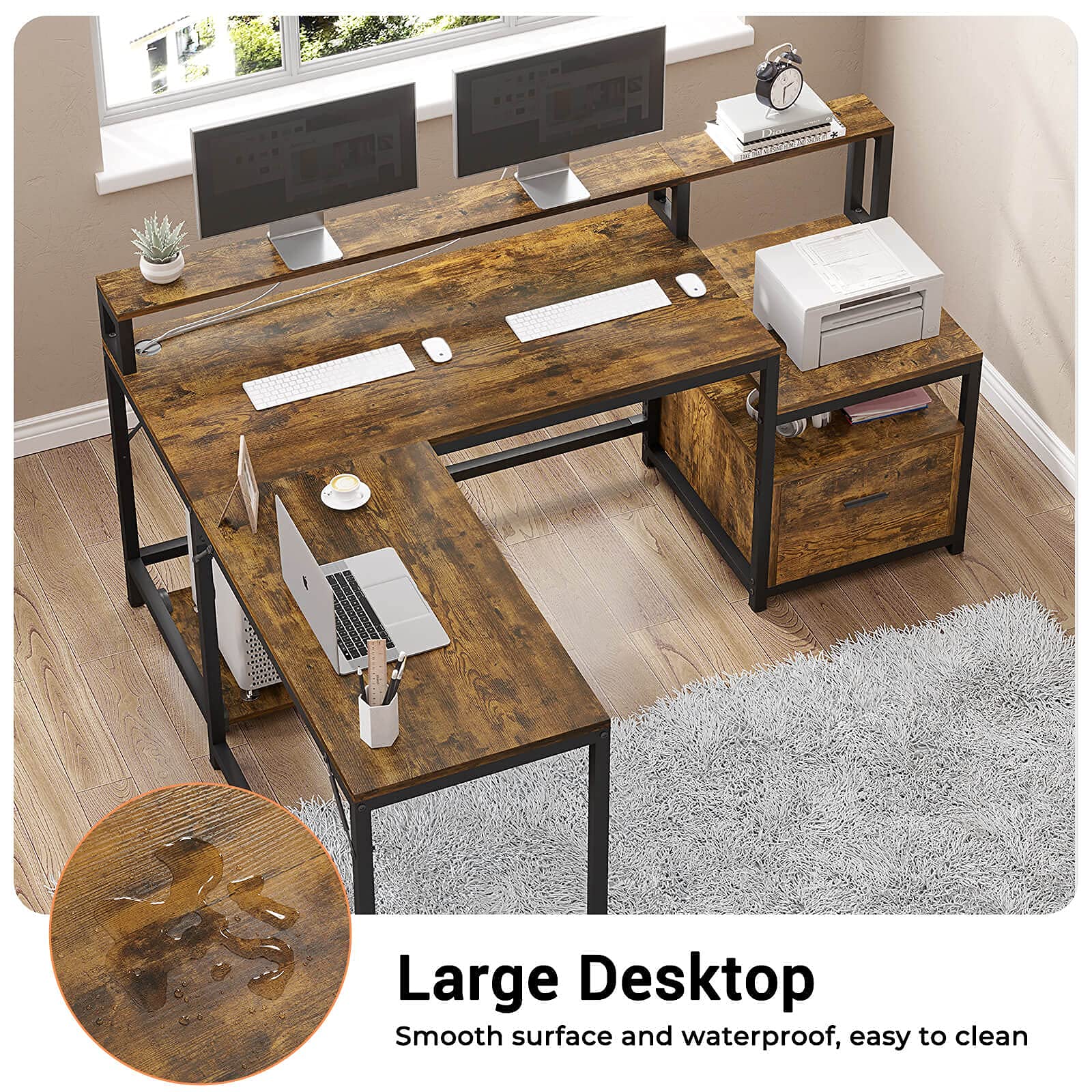 Sedeta L Shape Desk with File Drawer, 66'' Computer Corner Desk with