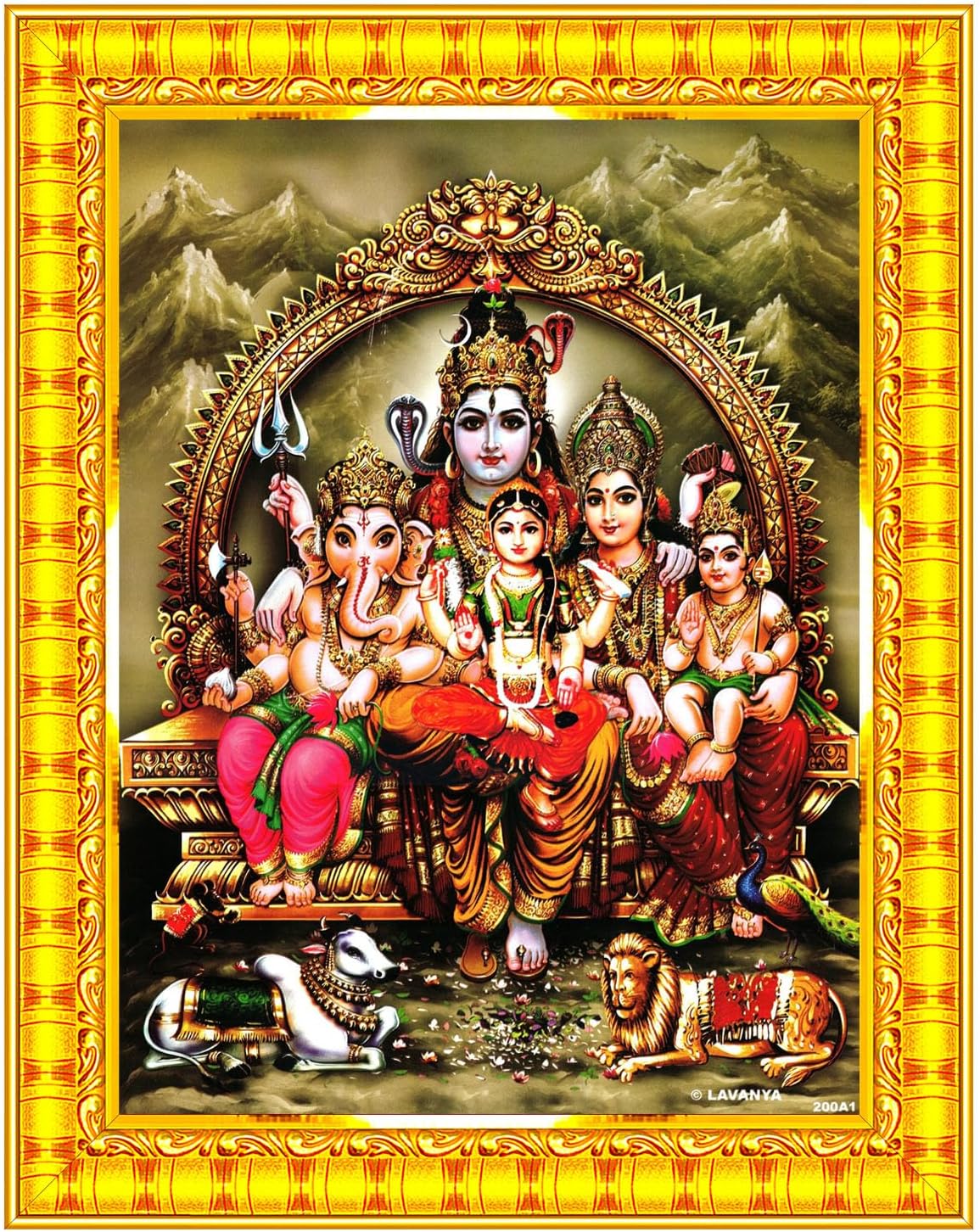 Pavan Photo Laminations Shiv Parivar Family Siva Parvati Lord Shiva Wall Painting Framed Home Decor (Wood,Matte,Gold,Big Size,10 x 12 Inch) R153M