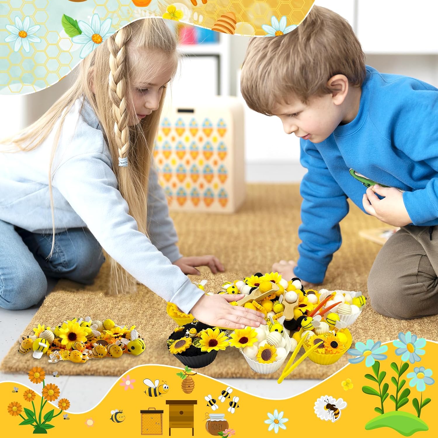 196 Pcs Sensory Bin Filler, Fine Motor Toys Bee Themed Sensory Bin Items Counting Sorting Toy Colorful Pom Poms Cup Bee Honeycomb Wooden Scoop for Preschool Education Activities