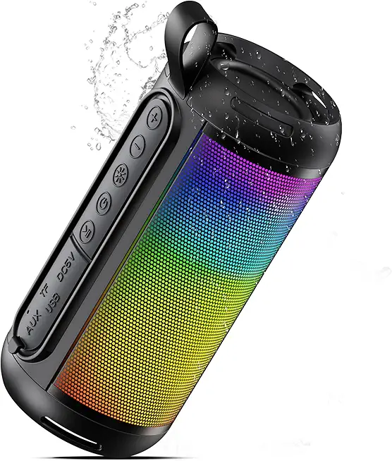 Brelley Bluetooth Lautsprecher, Musikbox mit HD-Sound, BT6.0, IPX5, Dualen Bass-Treibern, RGB Lichter, USB, AUX, TF Karte, 20H Akku, für Party, Outdoor, Reisen, Geburtstagsgeschenk