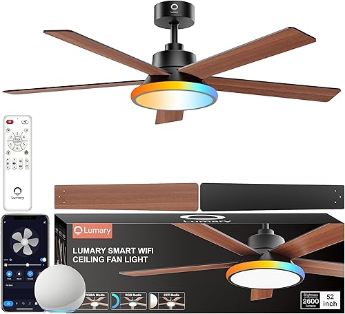 Lumary Ventiladores de techo inteligentes con luces de 52 pulgadas, RGB y cambio de temperatura de color continuo, funcionan con AlexaGooglecontrol