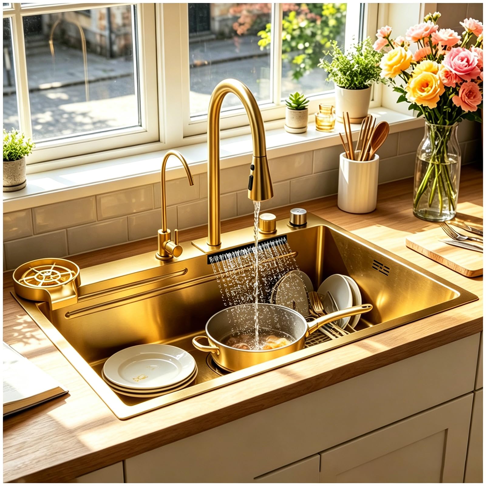 80 × 45 cm, lavello a cascata in acciaio inox con rubinetto 3 in 1, multifunzione, lavello da cucina singolo, con cestello di scarico, vasca di scarico, tagliere, vassoi per tazze