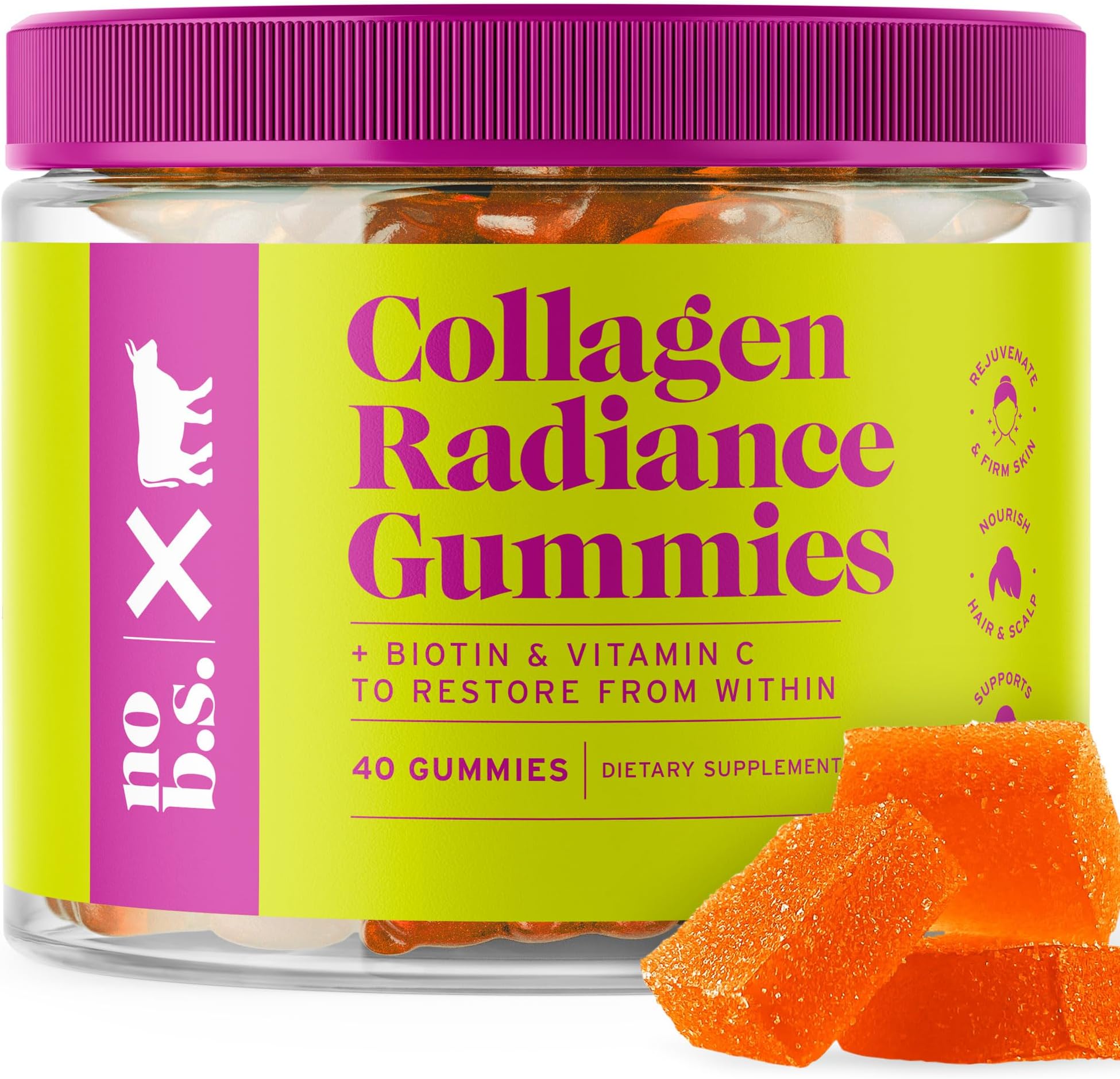 No B.S. (No Bad Stuff) Radiance Collagen Gummies with Biotin & Vitamin C, Skin, Nail & Hair Growth Vitamins for Women & Men, Nail Strengthener, Gluten Free, Non GMO, Cherry Flavor, 40 CT