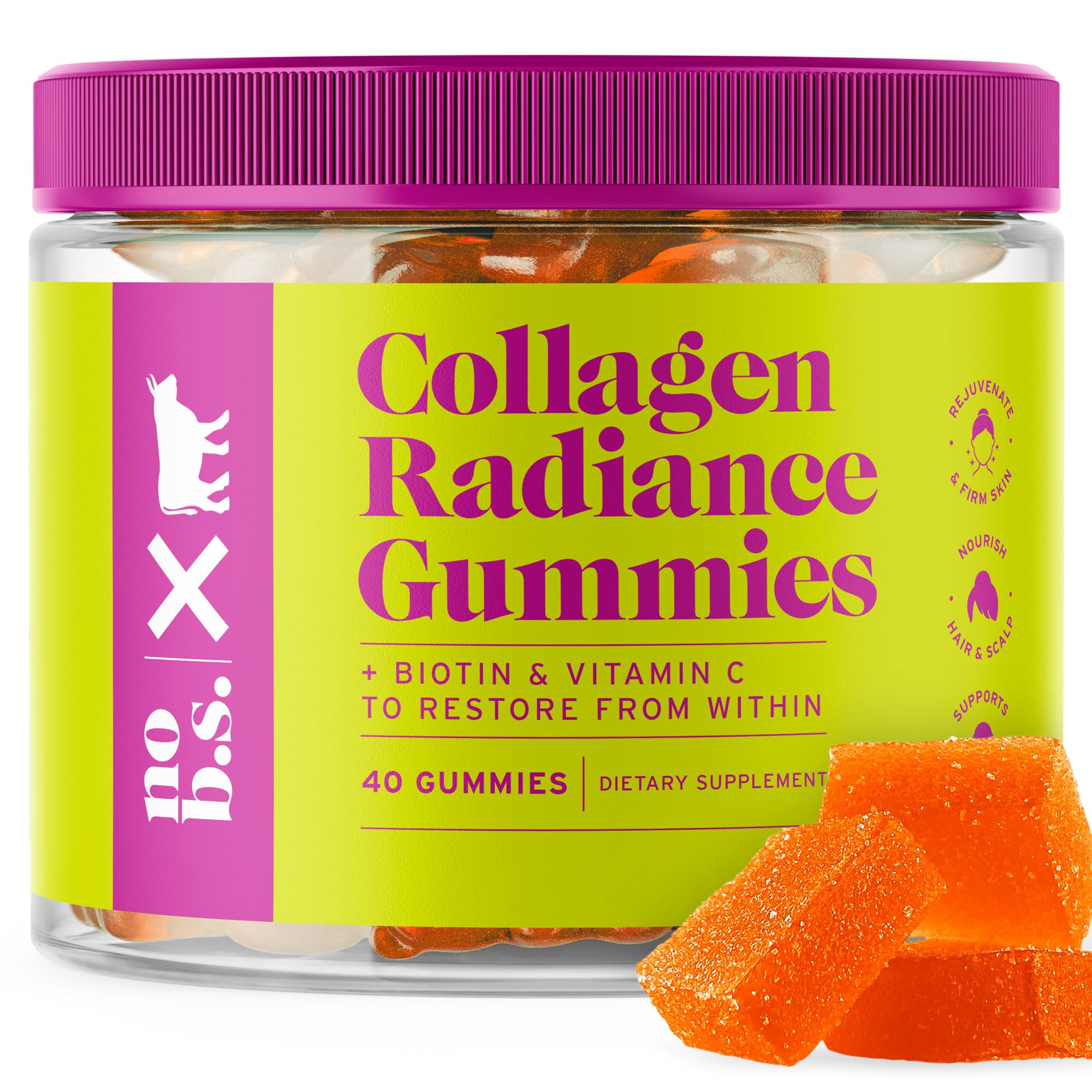 No B.S. (No Bad Stuff) Radiance Collagen Gummies with Biotin & Vitamin C, Skin, Nail & Hair Growth Vitamins for Women & Men, Nail Strengthener, Gluten Free, Non GMO, Cherry Flavor, 40 CT