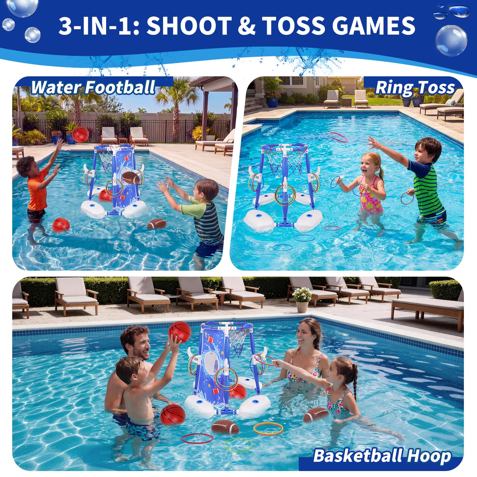 3-in-1 Schwimmender Pool Basketball Hoop Spielzeug Set mit Wasserfußball & Ringwurfspiel - Enthält 3 Basketbälle, 2 Fußbälle & 12 Ringe - Ultimatives Poolspielzeug Geschenk Kinder & Erwachsene