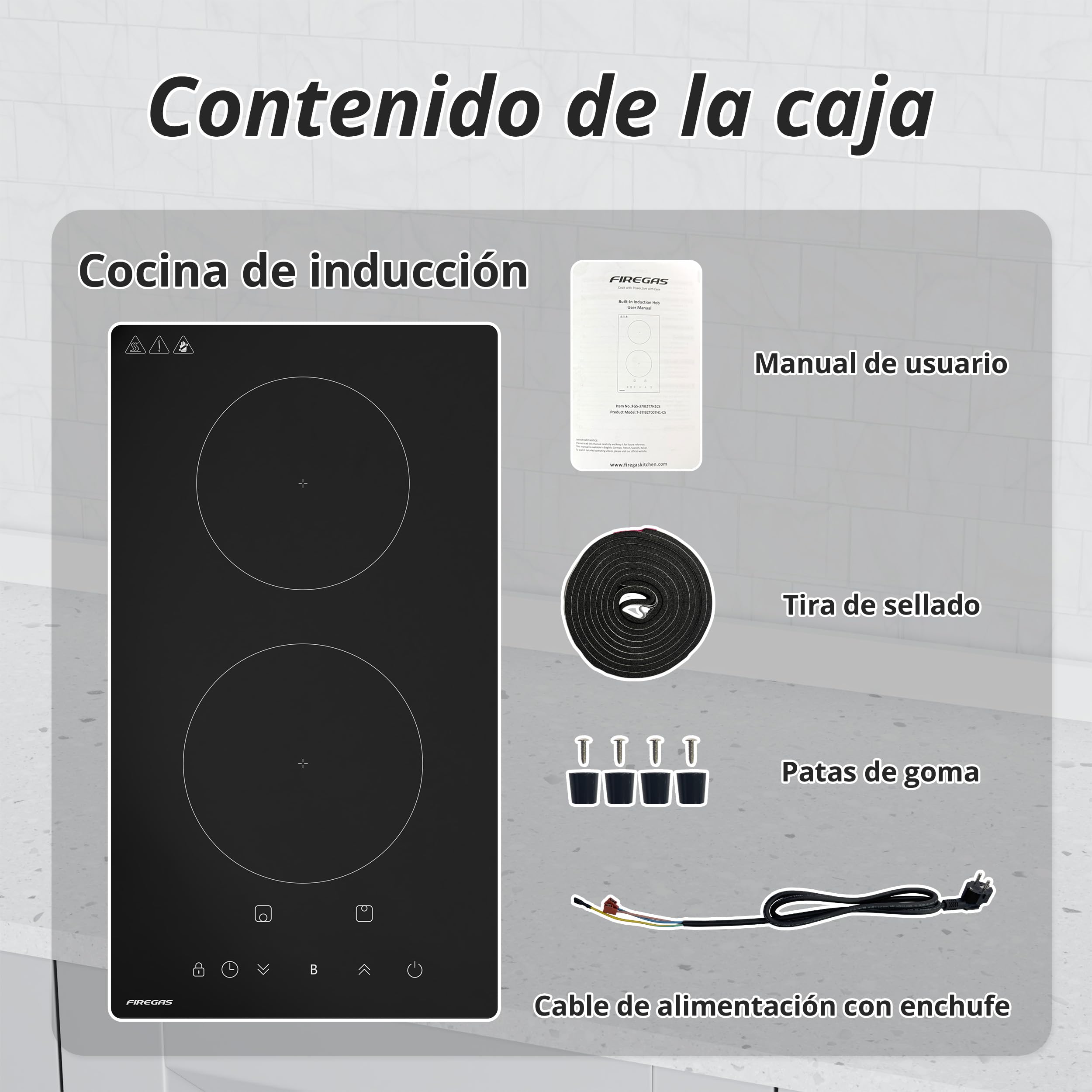 FIREGAS Placa de Inducción 2 Fuegos 3700W, Placa de Cocina de Inducción Encastrable, Control Táctil, Función Boost, Temporizador y Seguridad Infantil