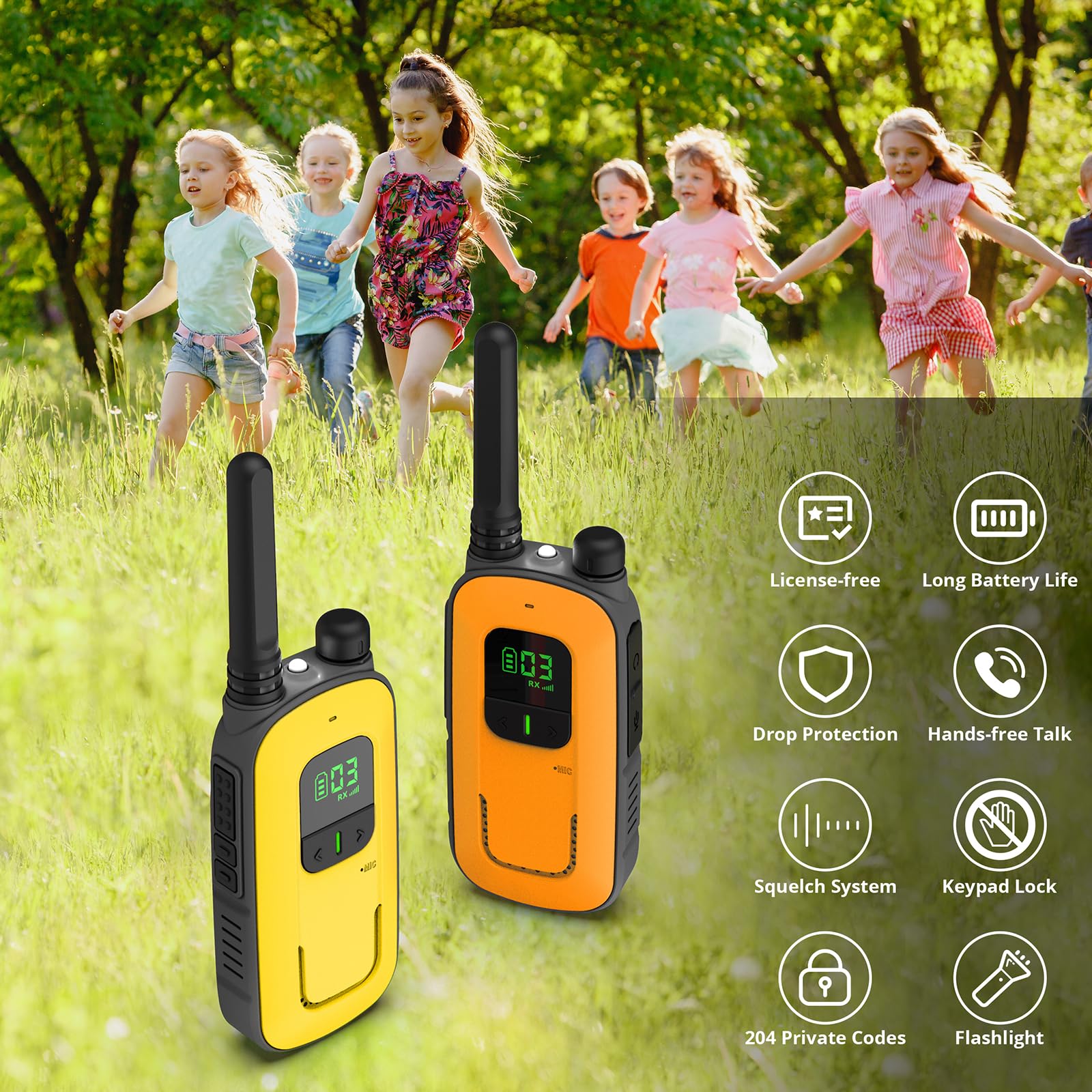 Radioddity PR-T3 Walkie Talkie Bambini Ricaricabile Walkie-Talkie a Lungo Raggio per 3-12 Anni Con 16 Canali PMR Senza Licenza, Ricarica USB, Cuffia per Campeggio e Escursionismo (Arancione/Giallo)
