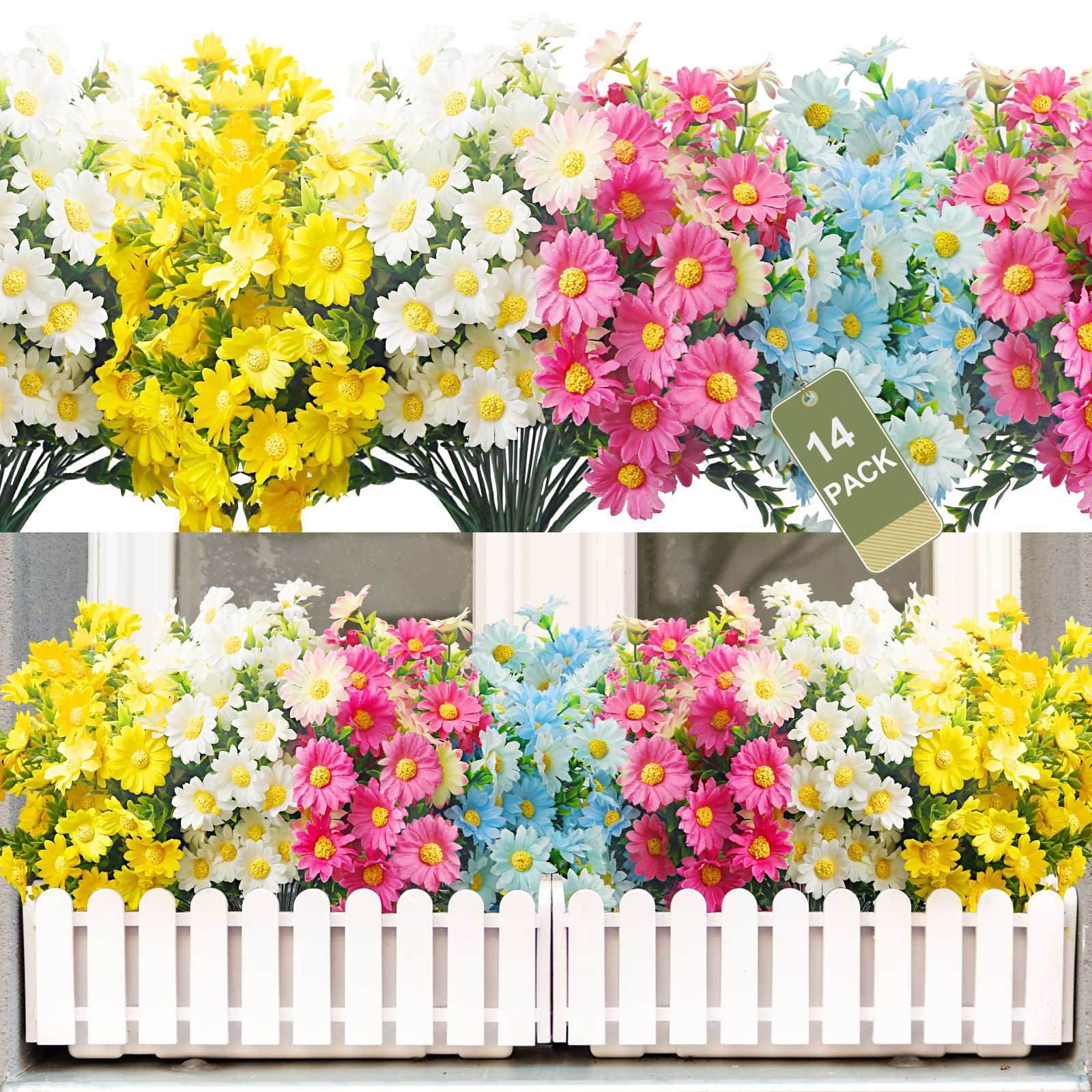 14 Bundles Artificial Daisy Flowers, Fake Silk Daisy UV Resistant Faux Plastic Greenery Shrubs Plants for Indoor Outdoor Hanging Planter Home Garden Wedding Porch Window Decor