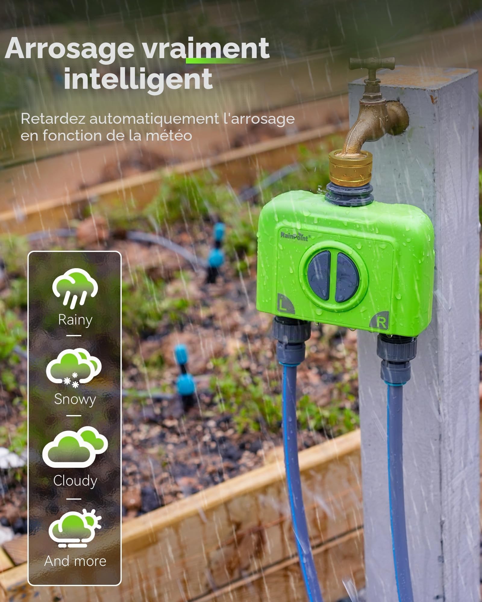 RAINPOINT Programmateur Arrosage WiFi 2 Voies IP65 Minuteur Arrosage Automatique Entrée en Laiton