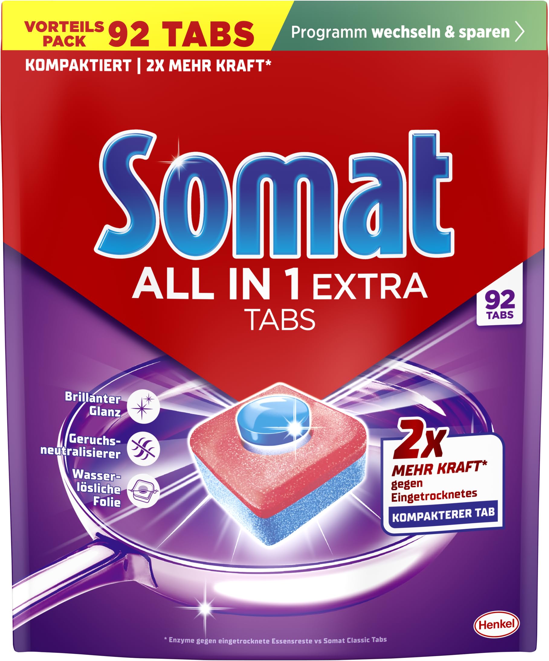 Somat ALL IN 1 EXTRA Spülmaschinentabs (4x92 AW), Geschirrspültabs für strahlend sauberes Geschirr auch im Niedrigtemperatur-, Kurz- & Eco-Programm, entfernt Eingekrustetes, sorgt für brillanten Glanz