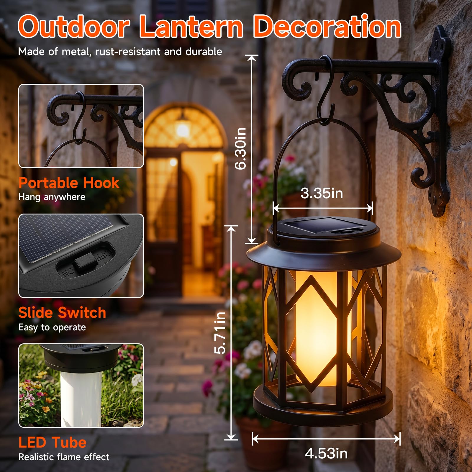 Ketom 2 Pièce Lanterne Solaire Exterieur Jardin, avec Poignée et Crochets | Lampe Solaire avec Bougie Vacillante LED, Lanternes Solaires Exterieures IP65 Étanche, pour Camping Pelouse Balcon Cour