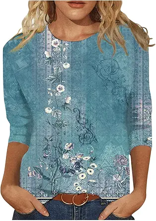 HTHLVMD Womens 3/4 Length Sleeve Tops 2025 Fall Fashion Floral Print Crewneck Causal Trendy Tunic Tops for Women