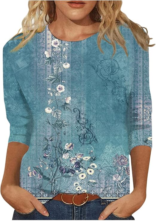 HTHLVMD Womens 3/4 Length Sleeve Tops 2025 Fall Fashion Floral Print Crewneck Causal Trendy Tunic Tops for Women