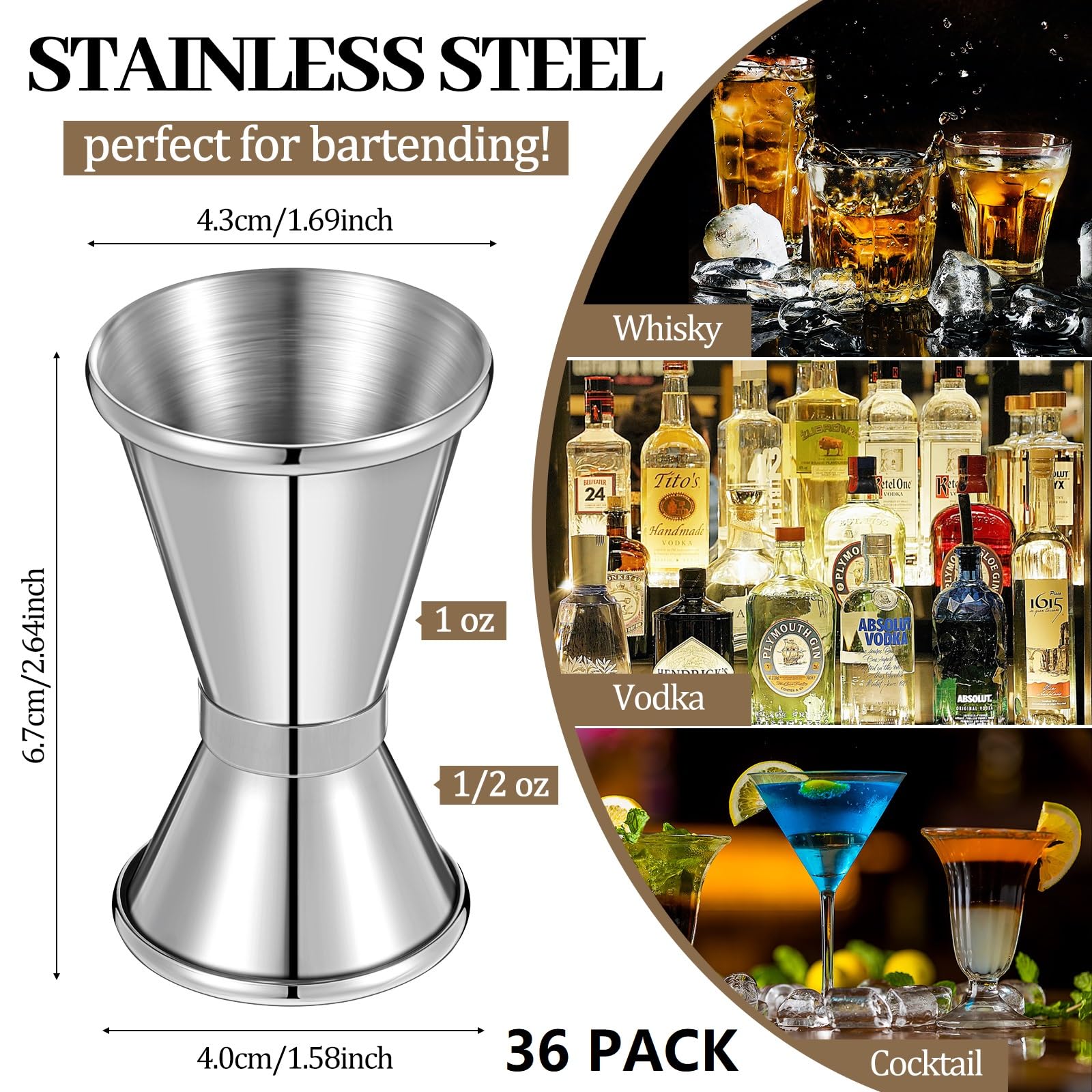 36 piezas de medidores de barra doble de 1/2 y 1 onza de acero inoxidable para cóctel, vaso medidor de licor, suministros de camarero, jigger japonés para bar, fiesta de camarero