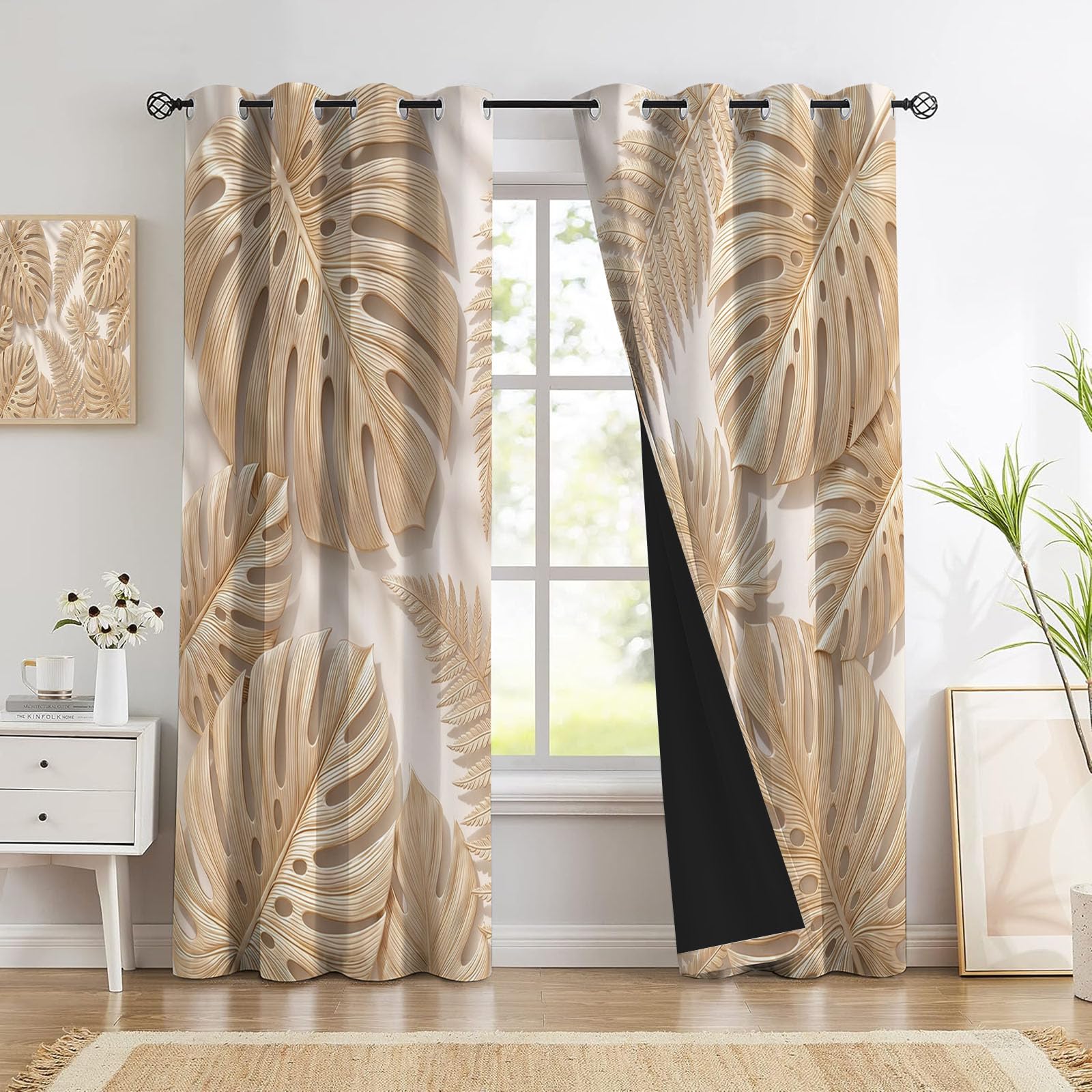 Farnblattmuster Vorhänge, Pflanzennatur Verdunkelungsvorhang - Beige Vorhang Blickdicht, Thermovorhang Für Schlafzimmer Gardinen Mit Ösen, H140 X B90 cm (2Er Pack)