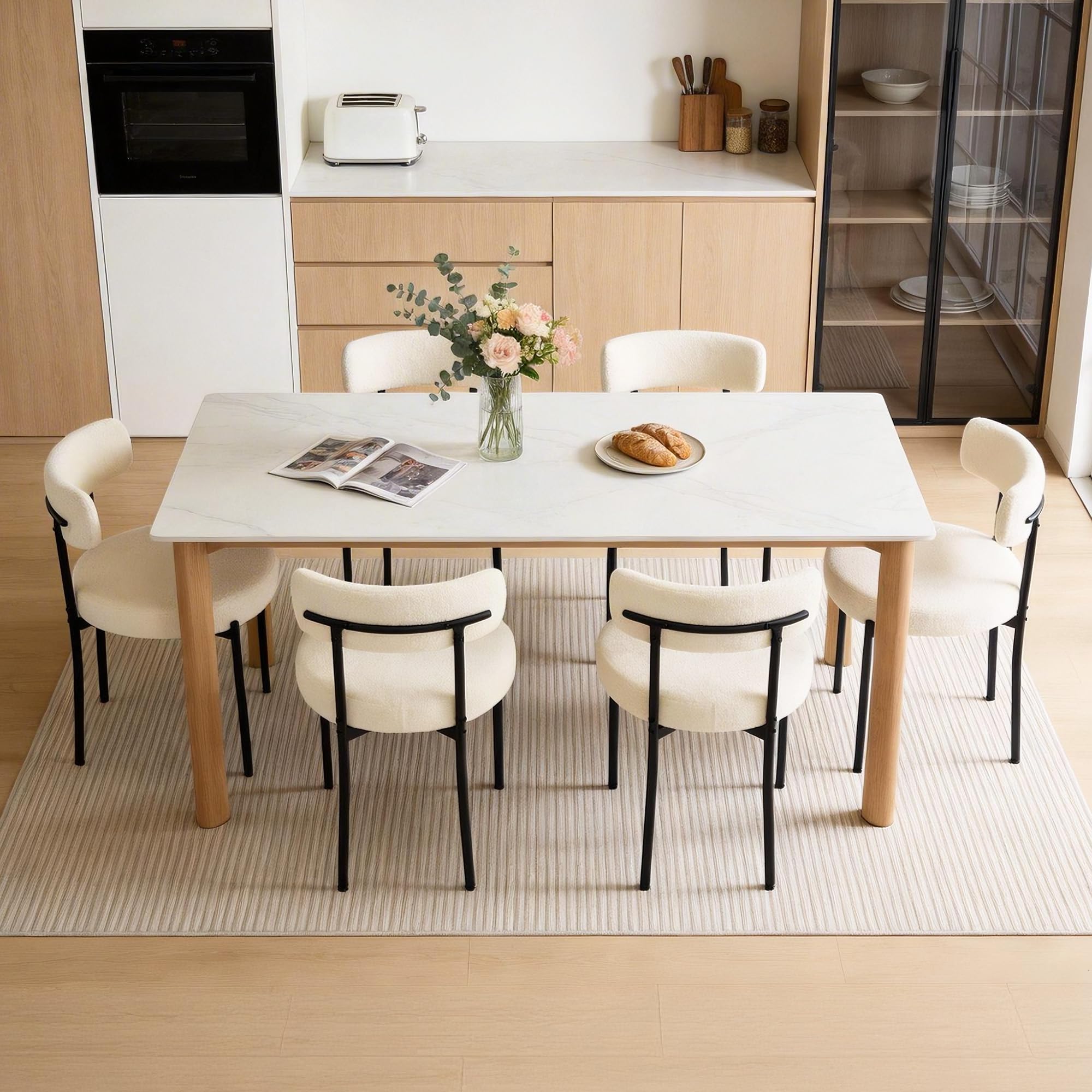 Mid-Century Modern Teddy Fleece Esszimmerstühle 4er Set mit gebogener Rückenlehne, Metallbeinen, Schminktisch-Stuhl, Gepolsterte Küchenstühle für Esszimmer, Restaurant, Weiß