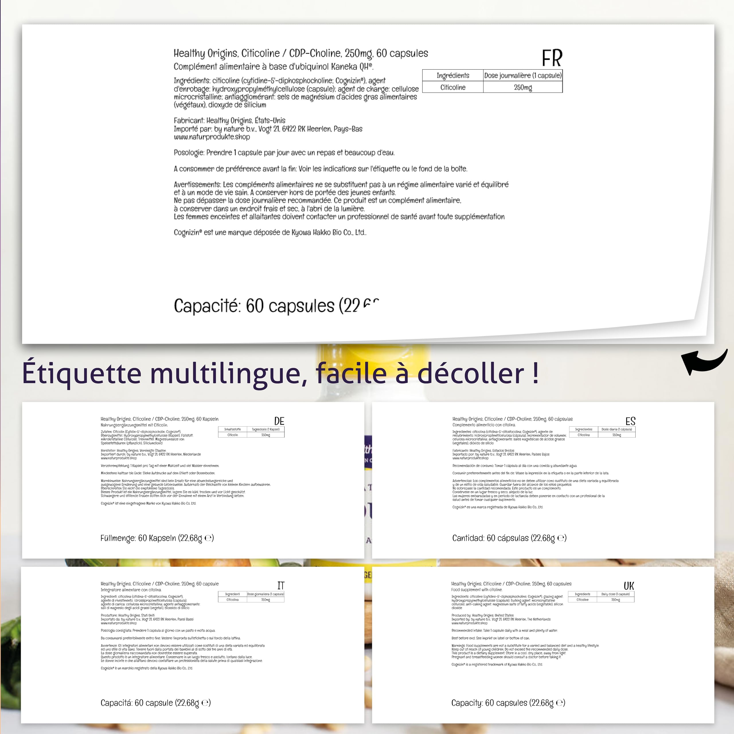 Healthy Origins, Citicoline CDP-Choline avec Cognizine, 250 mg, 60 Gélules végétaliennes, Sans Gluten, Sans Soja, Végétarien