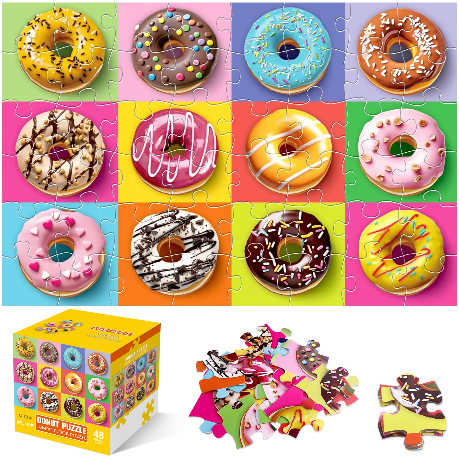 Jumbo Floor Puzzle for Kids,48 Piece Colorful Donut Jigsaw Puzzle Ages 3-8 | Dessert-themed Donut Learning Puzzle,Extra-thick Cardboard,35x24 in Completed,Preschool Gift for Boys and Girls