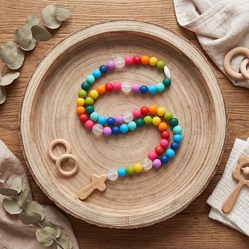 Miniatura 7 de Misdary Rosario de Bebé Regalo de Bautismo de Silicona Dios Bendiga a los Niños Primer Rosario con Cruz Suministros para Fiesta de Bautismo del 1er