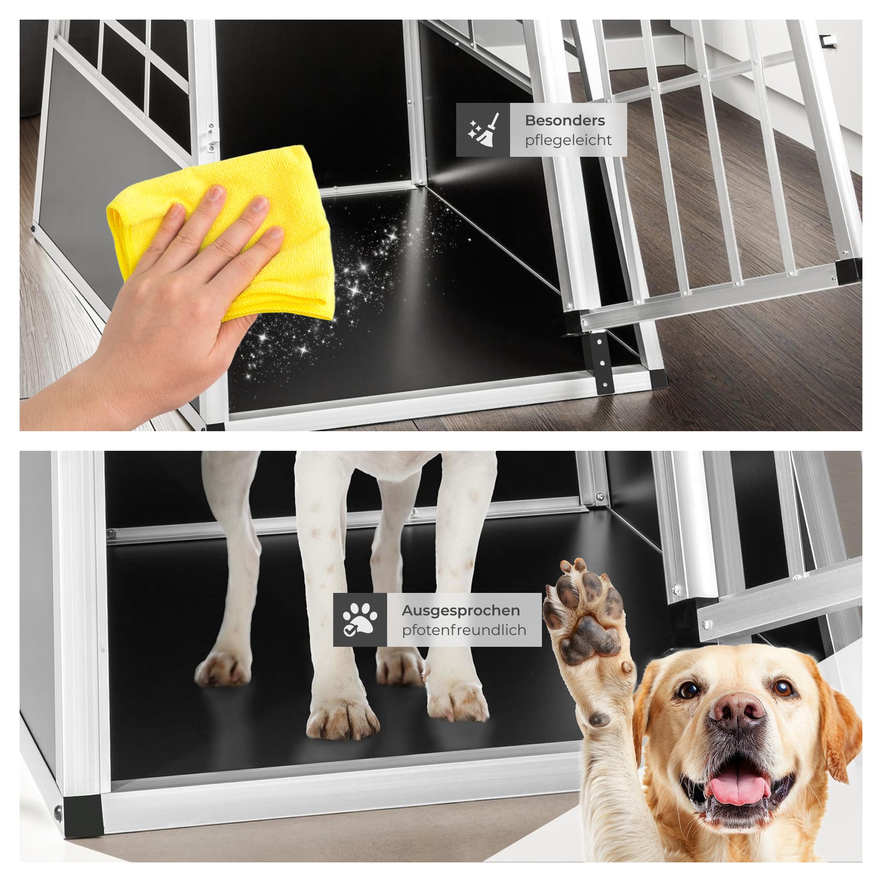 tectake® Hundebox Auto oder Hundebox für Zuhause, Aluminium Hundetransportbox, leicht und stabil, Auto Kofferraum Transportbox für Hunde - 65 x 90 x 69,5cm (Single Groß)