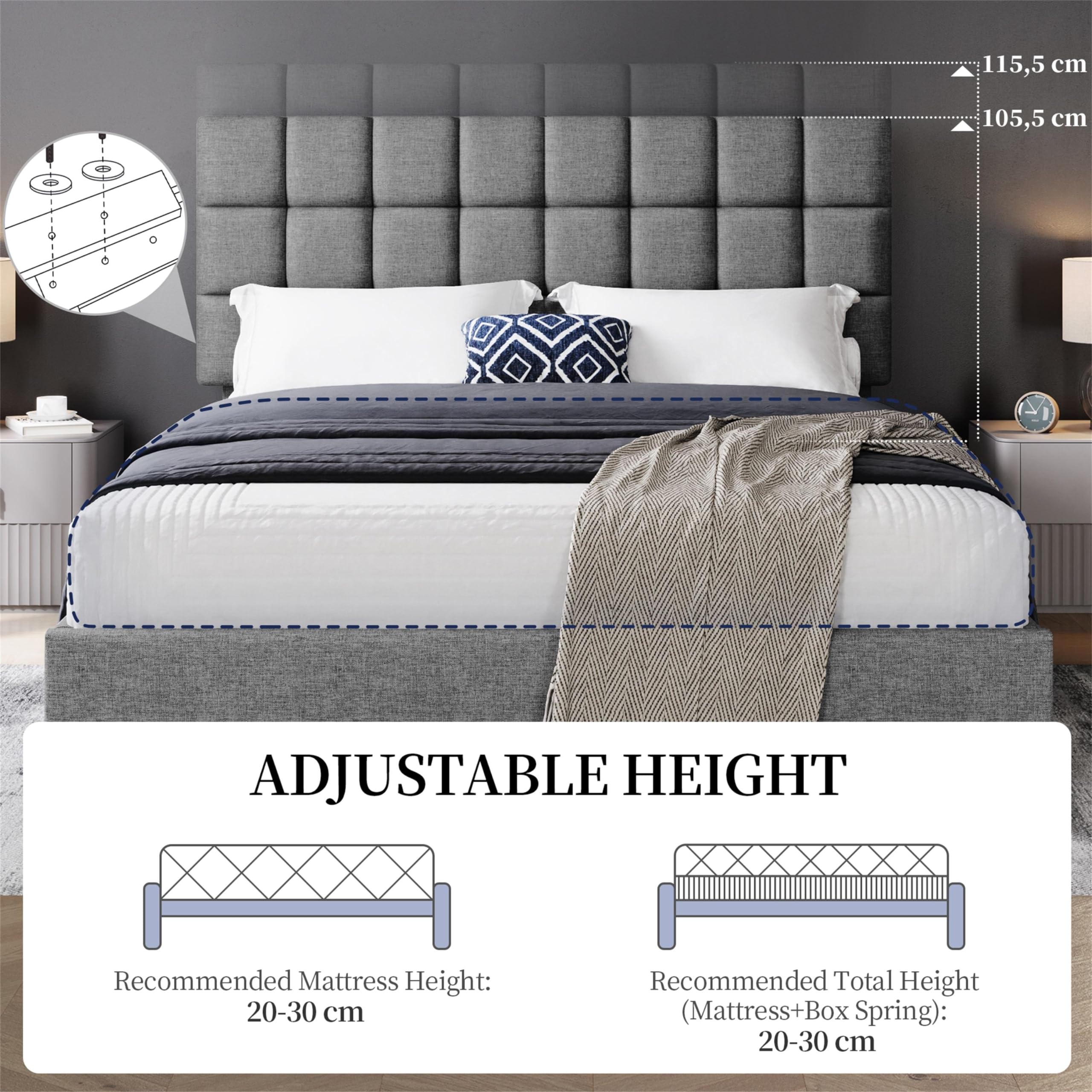 Yaheetech Polsterbett 160 x 200 cm Doppelbett mit Höhenverstellbarem Kopfteil – Bild 5