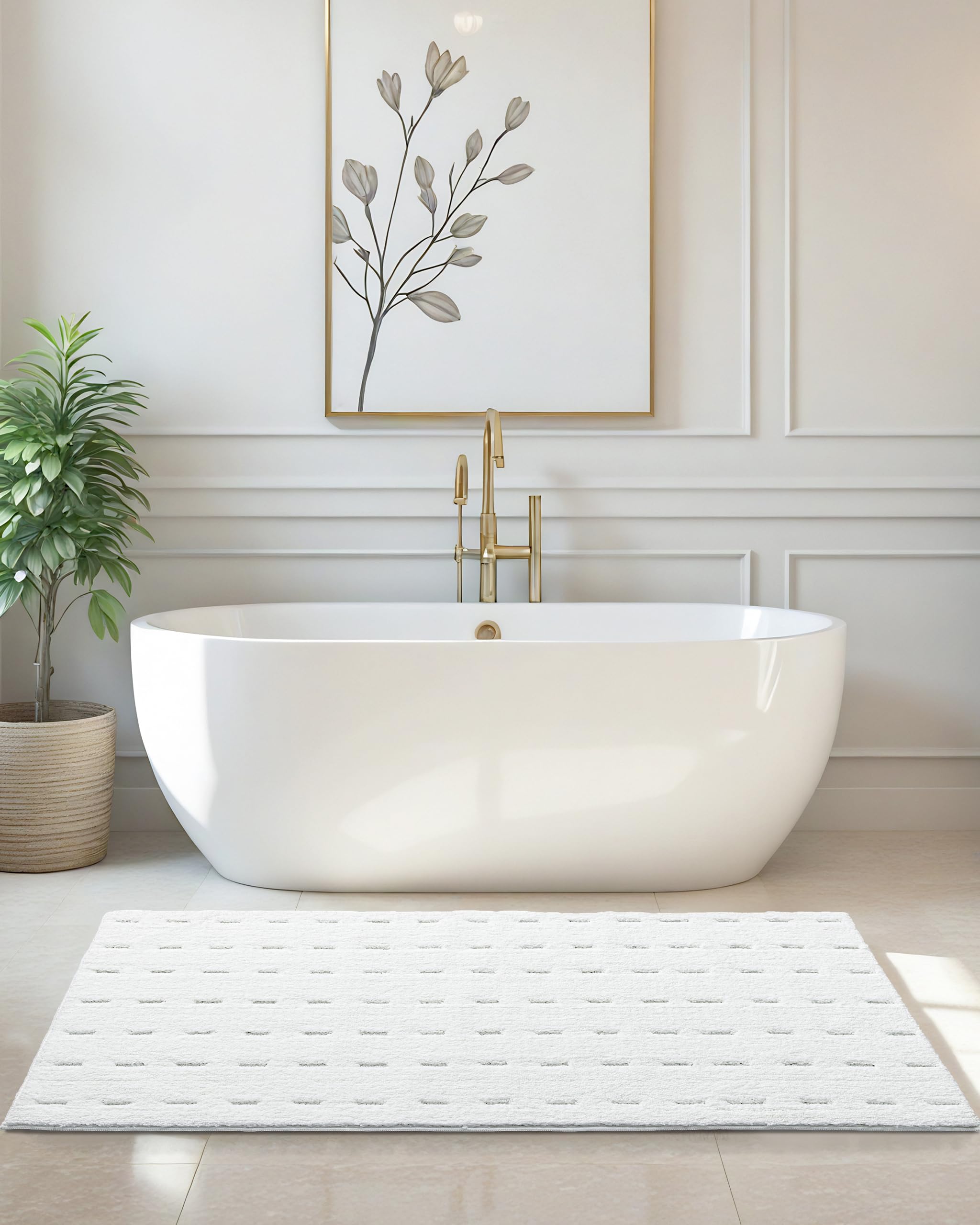 ILANGO Set di 3 tappeti da bagno bianchi, morbidi tappeti da bagno a pelo lungo e tappetini da bagno a forma di U, antiscivolo, lavabili, assorbenti, accessori da bagno per pavimento, vasca e doccia,