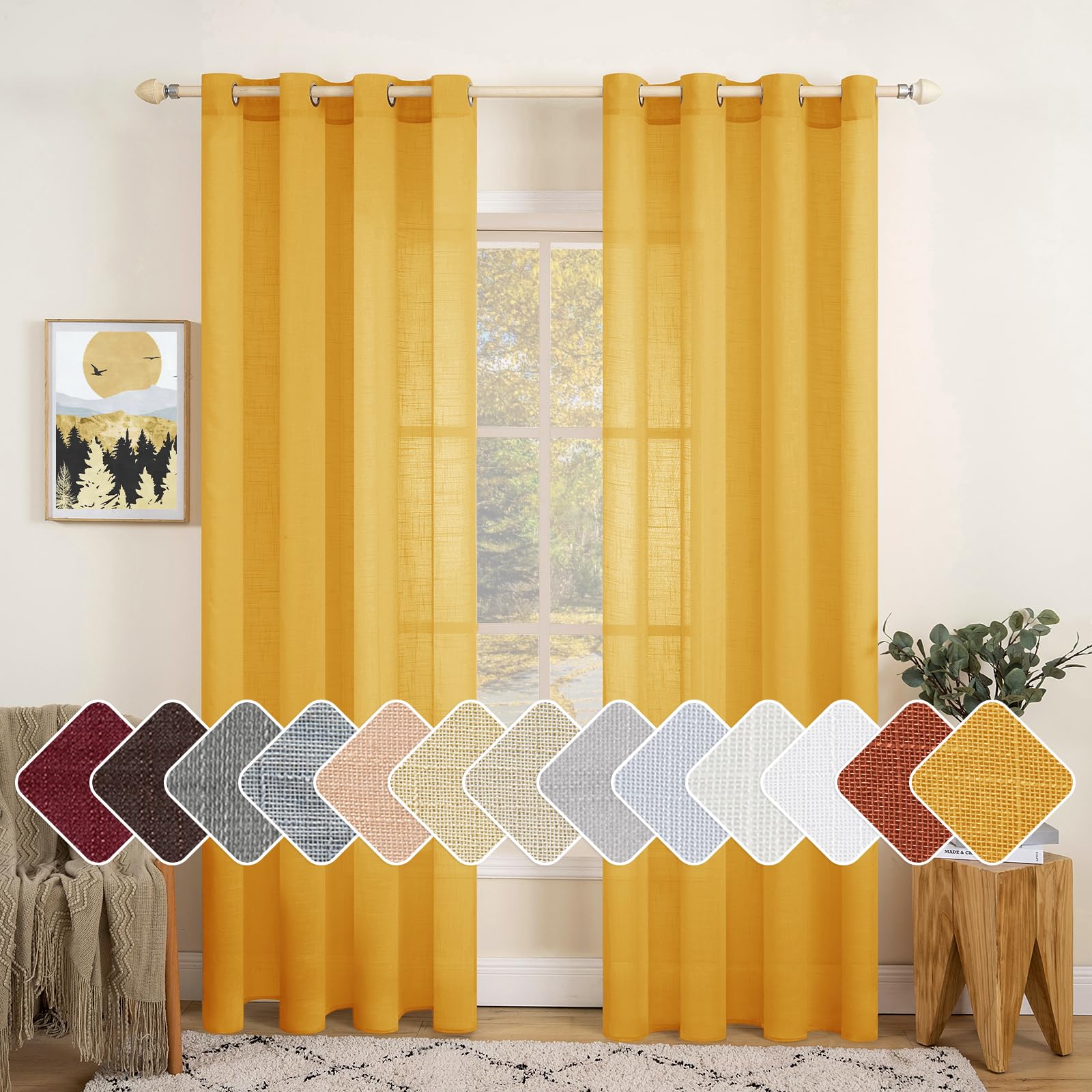MIULEE 2 Panels Natural Linen Sheer Window Curtains Elegant Mustard Yellow Fall Drapes Grommet