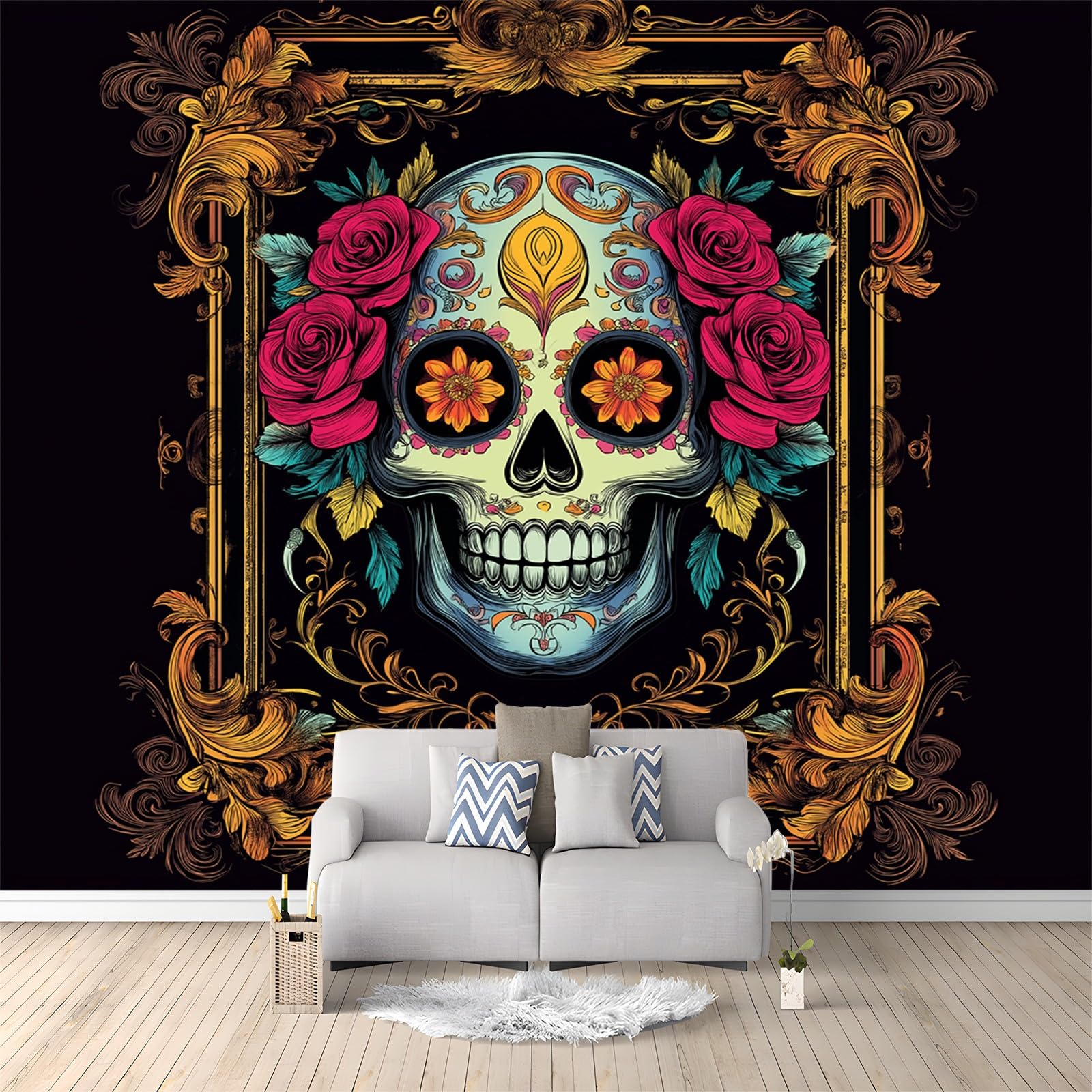 Panoramiczna tapeta kolorowa festiwal czaszka 300 x 210 cm (szer. x wys.), gigantyczny plakat ścienny 3D nowoczesna tapeta dekoracja ścienna salon sypialnia sypialnia biuro sypialnia tapety