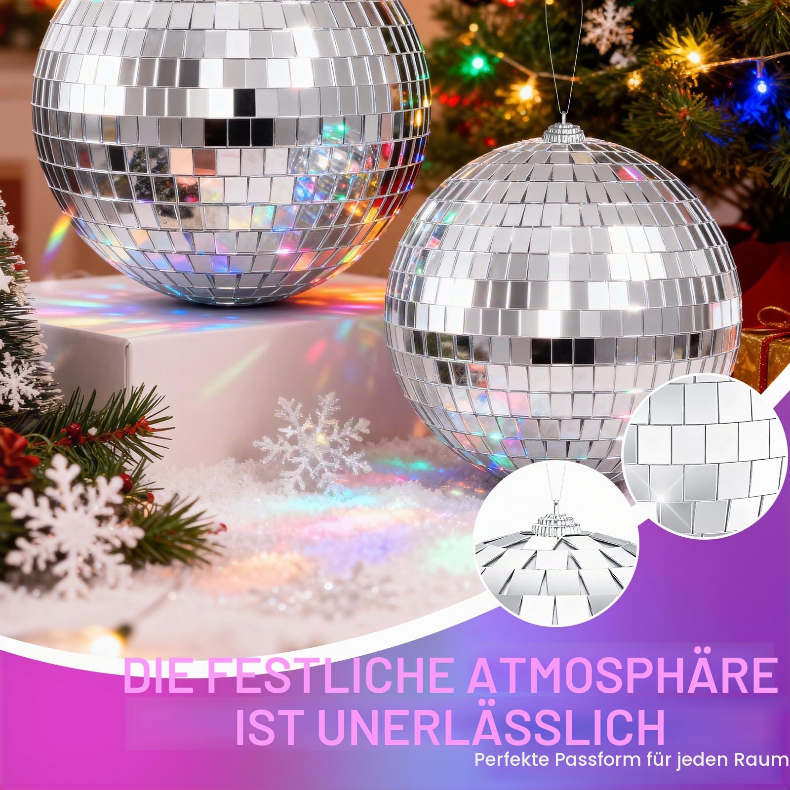 Youdepot 10 cm Discokugel 2er Set, Silberne Spiegelkugeln zum Aufhängen mit Schnur, Glitzerkugel Deko für Weihnachtsbaum, Hochzeit, Geburtstag, Party, DJ Bühne, Garten und Zuhause