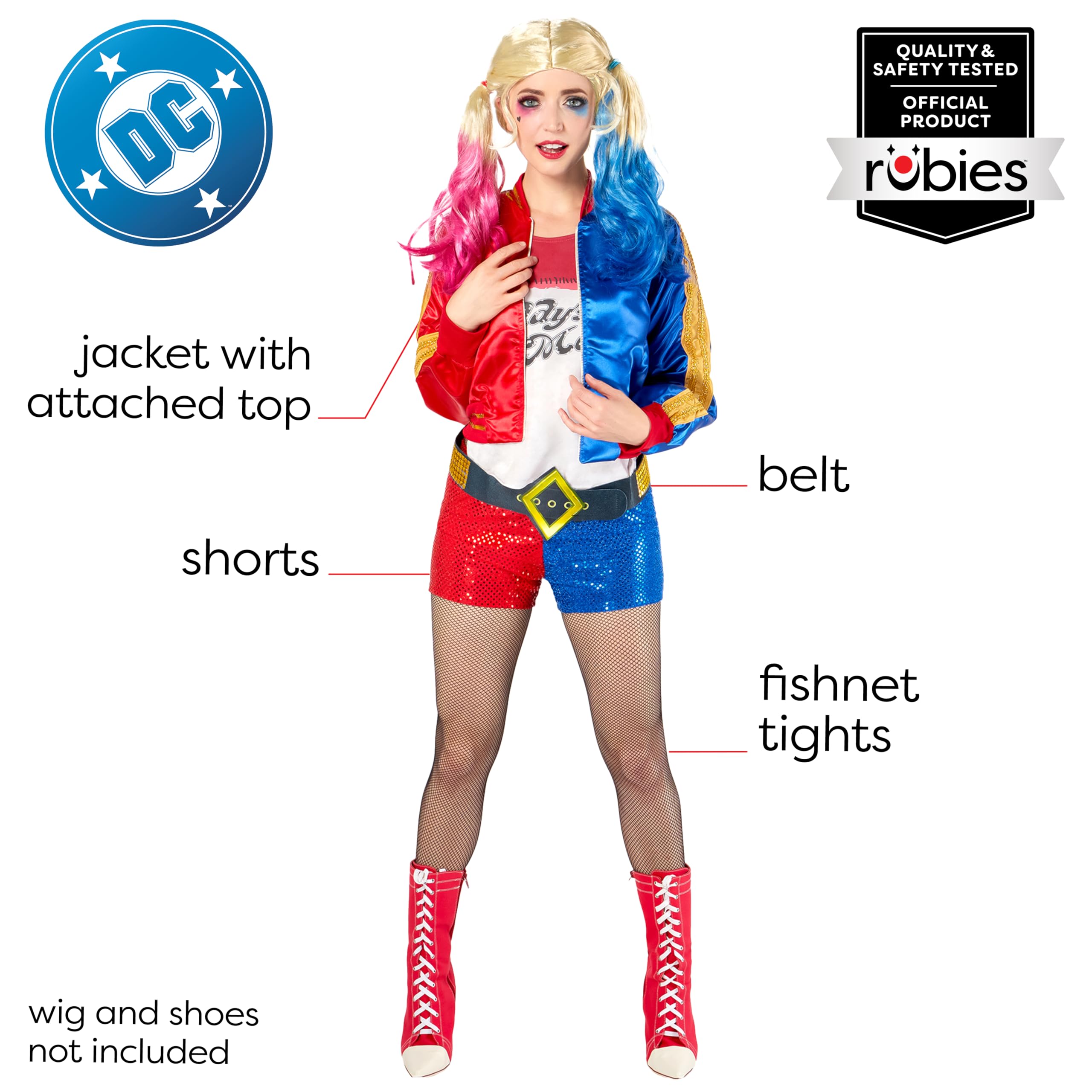 Rubie's Official Harley Quinn damski fantazyjny strój na Halloween, drużyna samobójców, damski kostium złoczyńcy, czerwony, rozmiar L (14-16)