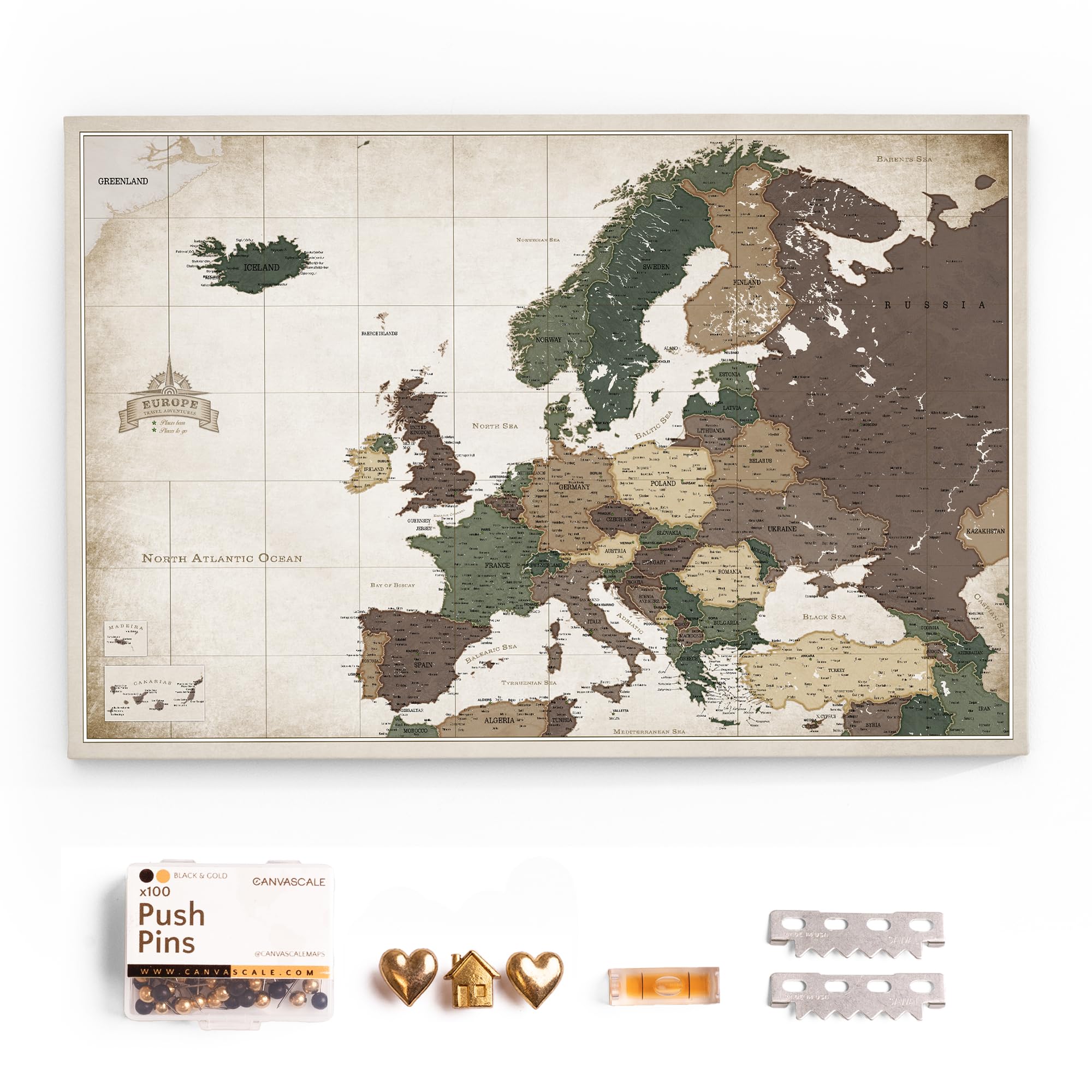 Canvas Europe Map with Cork Pin Board - Decorative Wall Decoration for All Rooms - Canvas Pictures with Europe Map Motif (70x50 cm, Pattern 24)