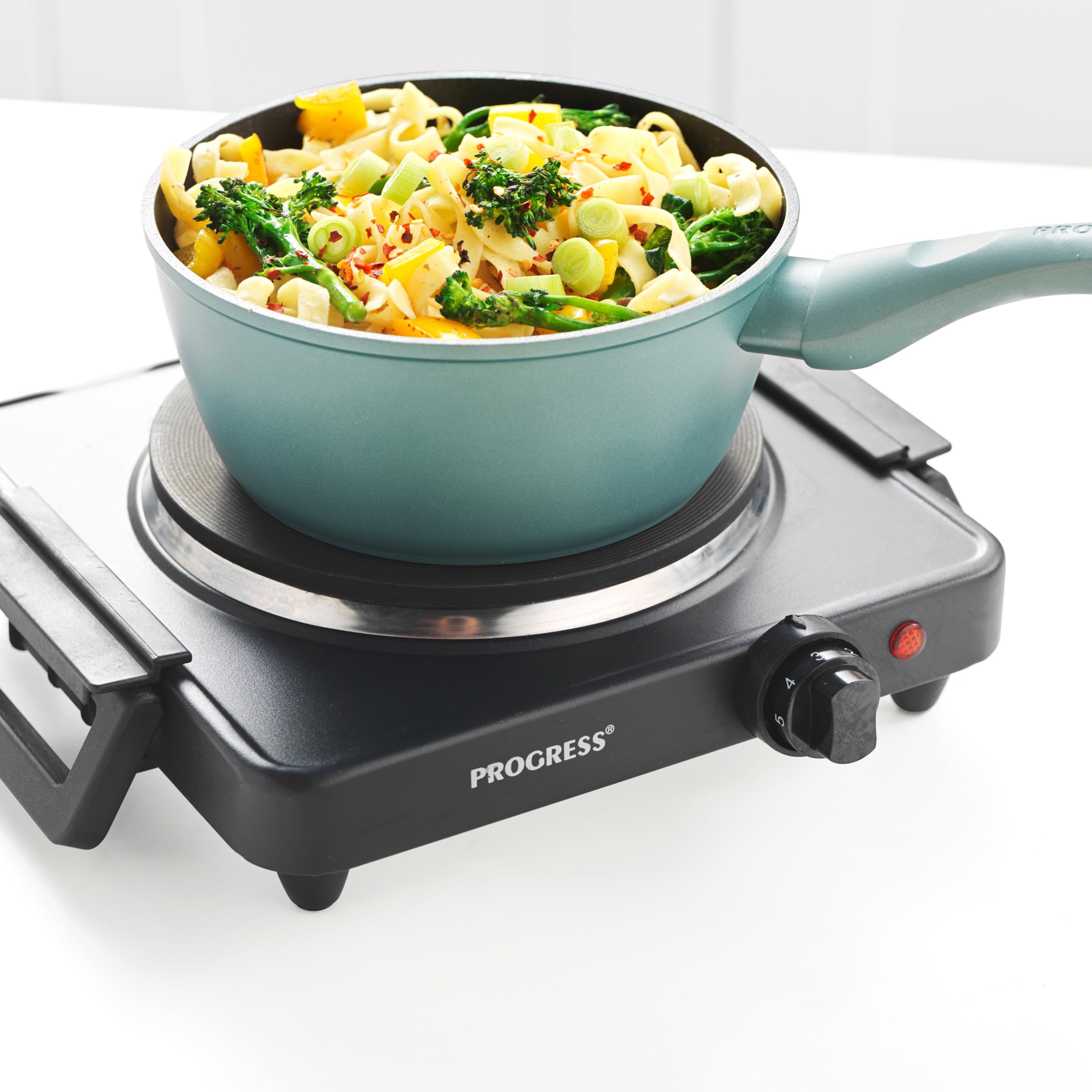 Progress Piastra Singola – Fornello Elettrico da 1500W con 5 Livelli di Calore, Piastra Portatile da 18,5 cm, Design Compatto Facile da Pulire e Piedini Antiscivolo, Ideale per Cucine Piccole