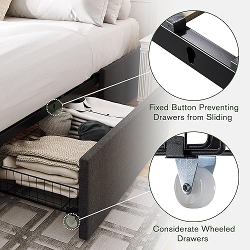 Miniatura 4 de IMUsee Base de cama Queen con almacenamiento 3 cajones grandes en ruedas plataforma tapizada de tela no necesita somier soporte de listones de