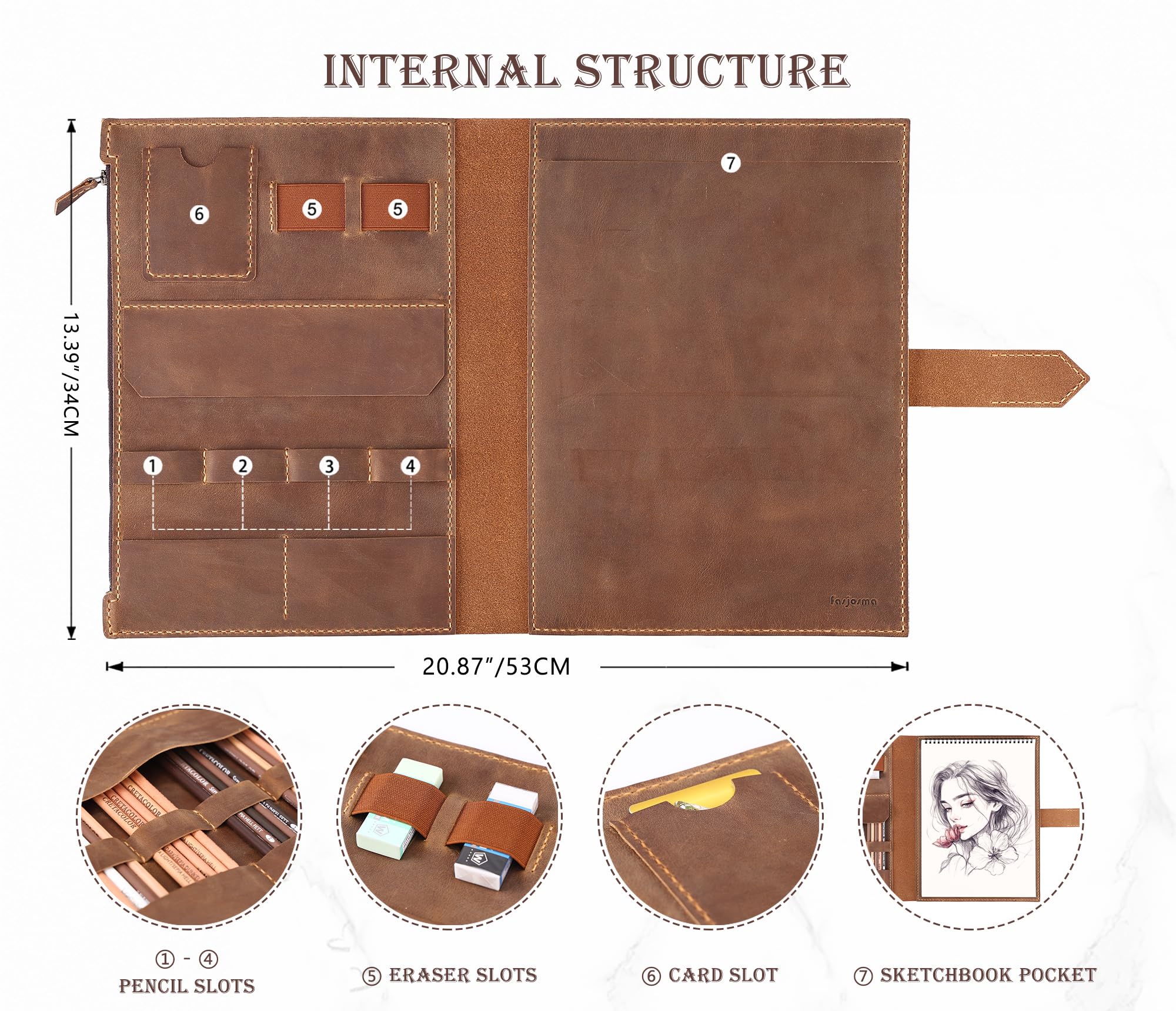 Fasjosma Housse de carnet de croquis en cuir pour carnet de croquis A4/22,9 x 30,5 cm – Fait à la main en cuir véritable avec porte-crayon et poche zippée, fournitures de dessin professionnel (marron