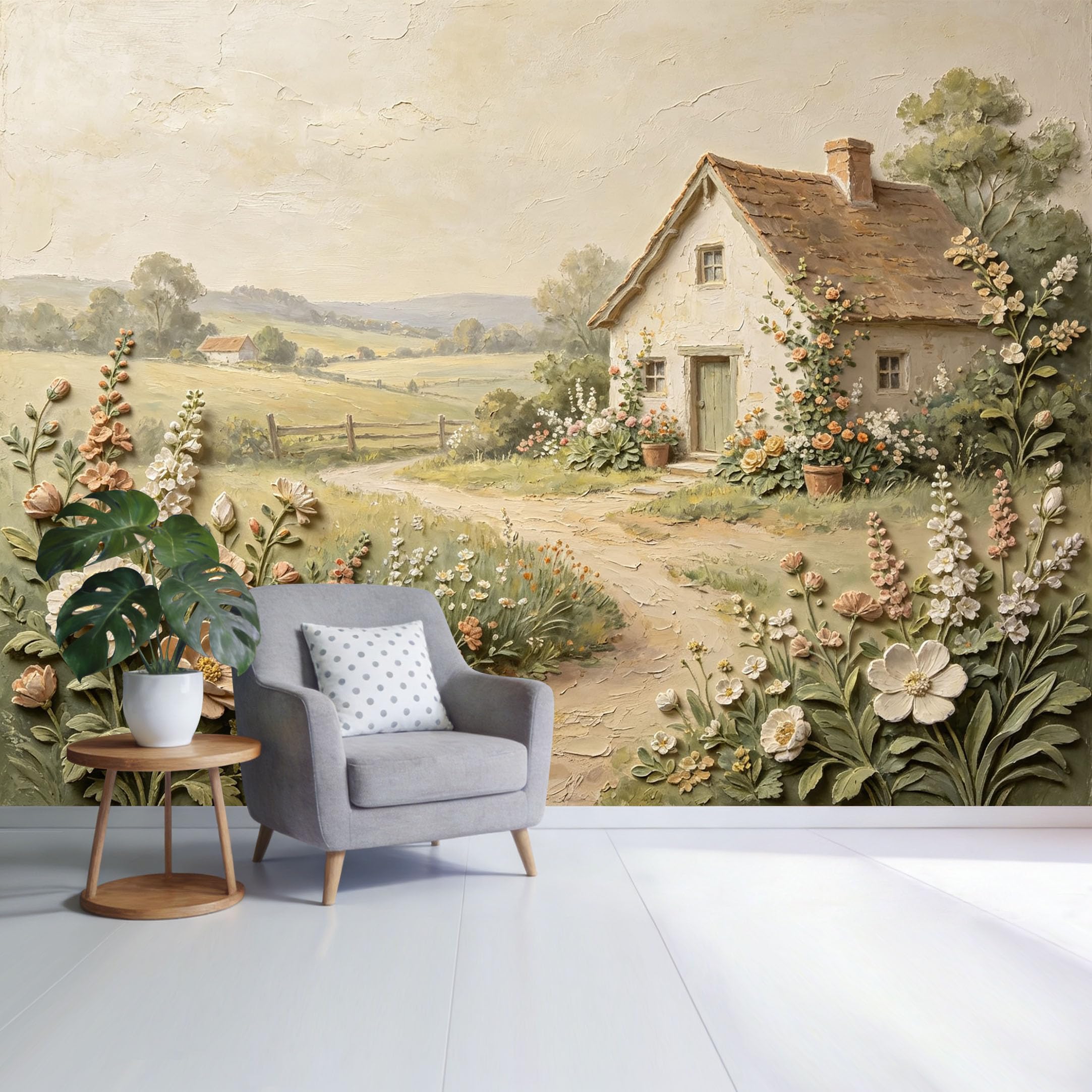 Custom Size Wall Mural Countryside Cottage Path Vintage Floral Landscape Textured Oil Painting Style SelfAdhesive Wall Fabric Removable Wallpaper for Home Office Decor