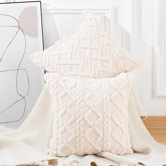 Madizz Set of 2 Soft Plush Fuzzy Short Wool Fleece Cushion Covers Patterned Throw Pillow Cases Decorative Pillow Shell for Sofa Bedroom Square Beige 18x18 inch