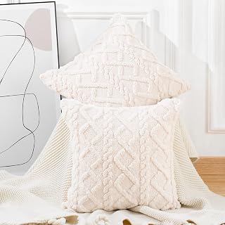 Madizz Set of 2 Soft Plush Fuzzy Short Wool Fleece Cushion Covers Patterned Throw Pillow Cases Decorative Pillow Shell for Sofa Bedroom Square Beige 18x18 inch