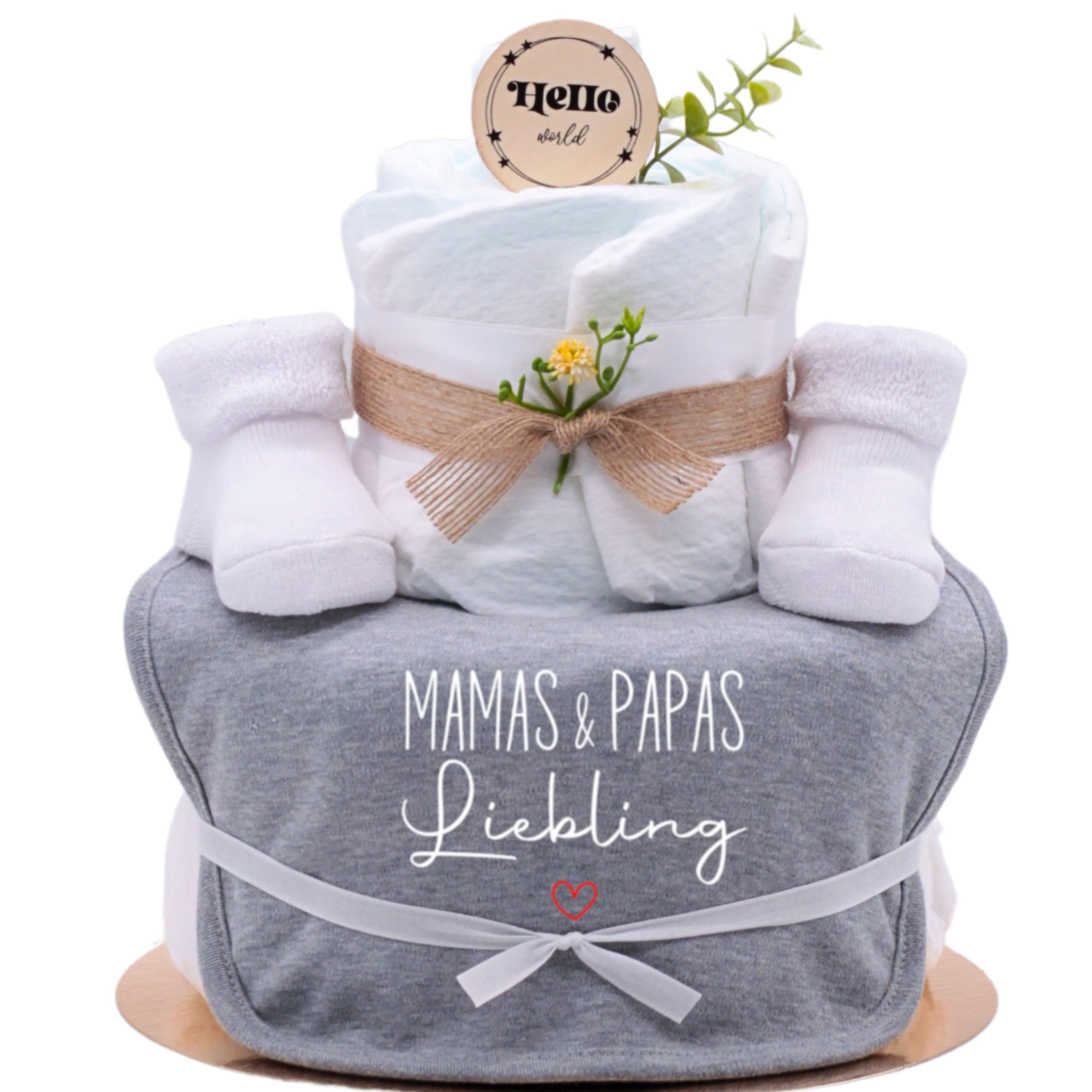 Trend Mama | Windeltorte | sport grau meliert | Spruch wählbar | Lätzchen, Kuschelsocken |Geschenk Geburt (Design| Mamas & Papas Liebling)
