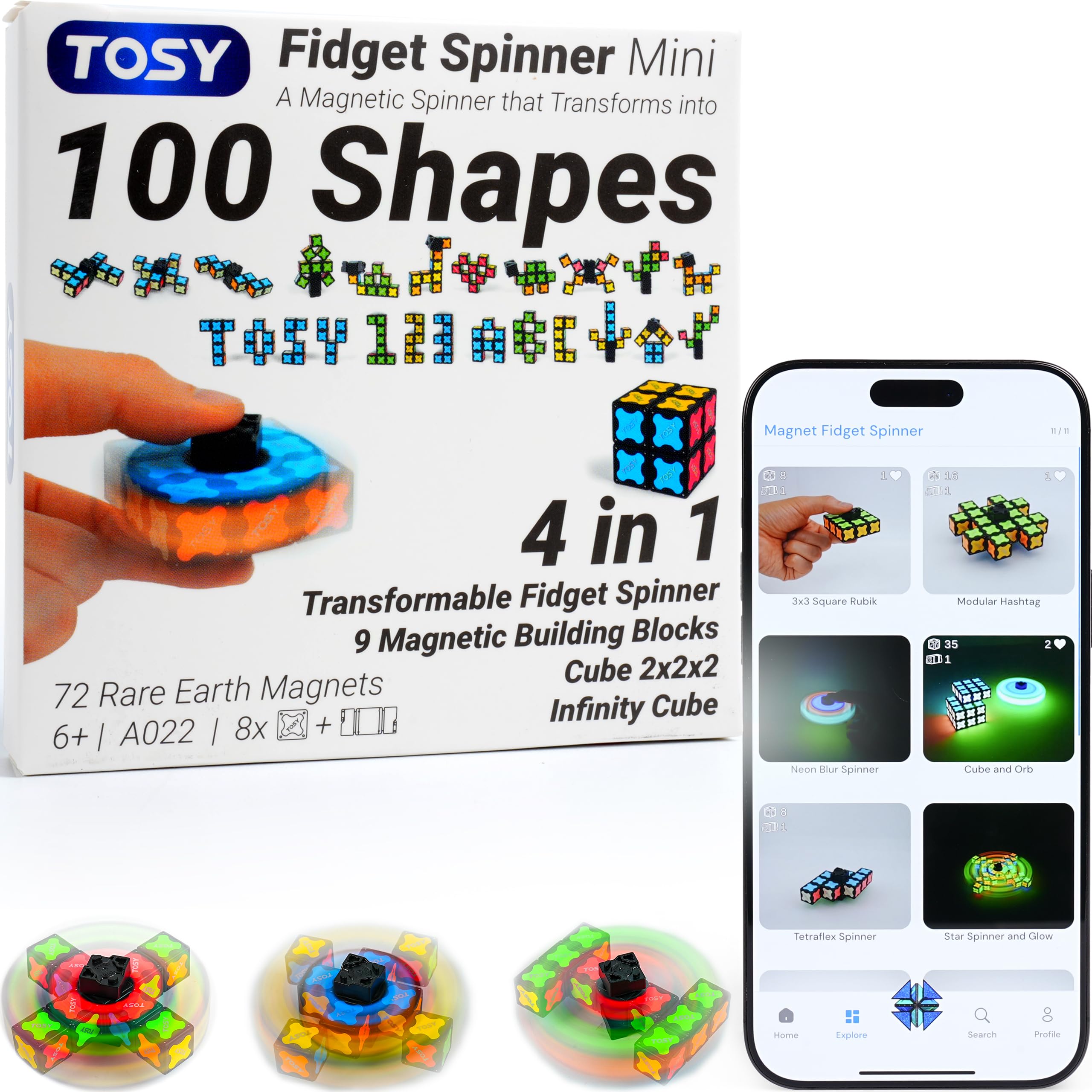 TOSY Magnet Fidget Spinner Mini - 8 Blocks, 3 in 1 Toy: Transformable Fidget Spinner, Infinity Cube, 2x2 Puzzle Cube, Christmas Stocking Stuffers Gift for Kids/Adults, STEM Sensory Stress Relief Toy